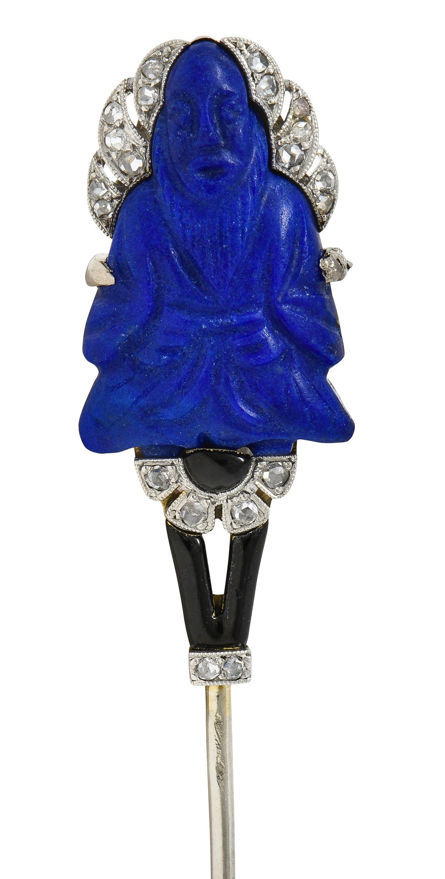 Single Cut French Art Deco Lapis Diamond Enamel Platinum 18K Vintage Buddha Jabot Brooch For Sale
