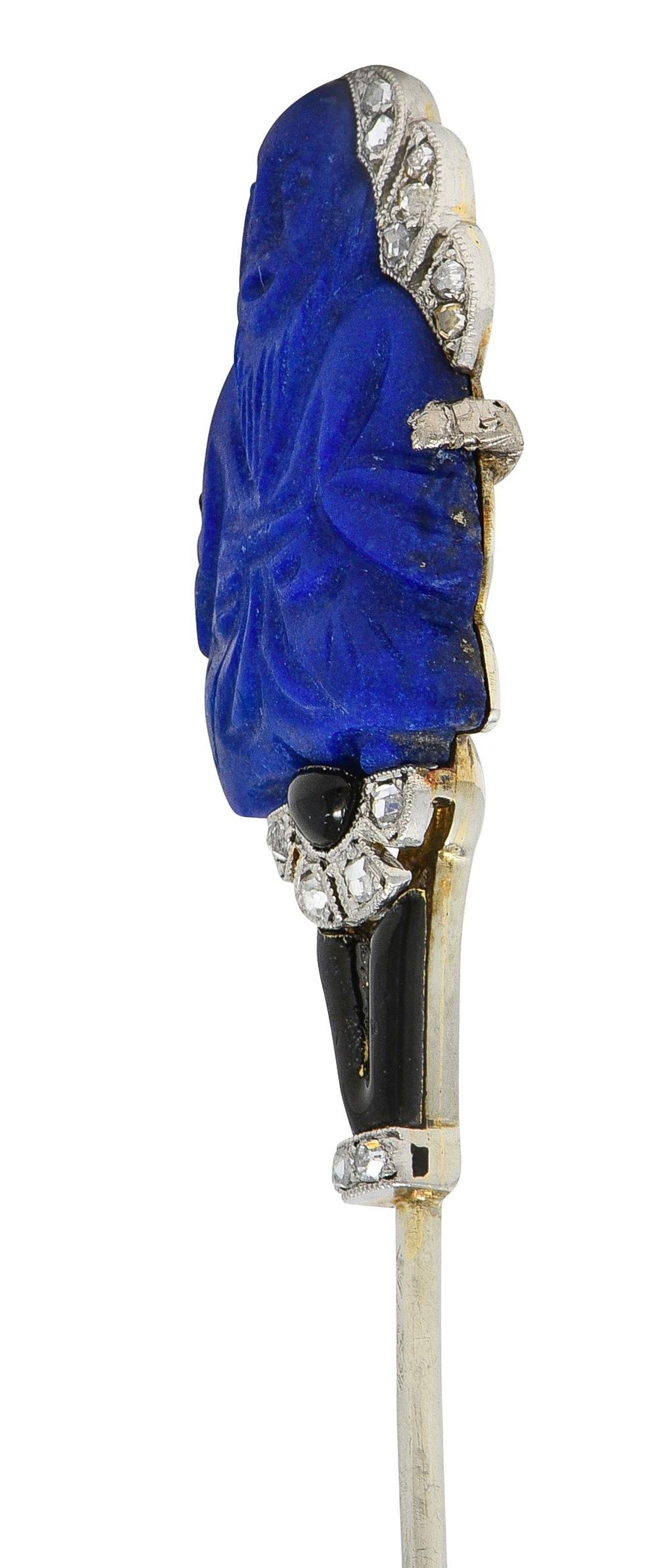 Women's French Art Deco Lapis Diamond Enamel Platinum 18K Vintage Buddha Jabot Brooch For Sale