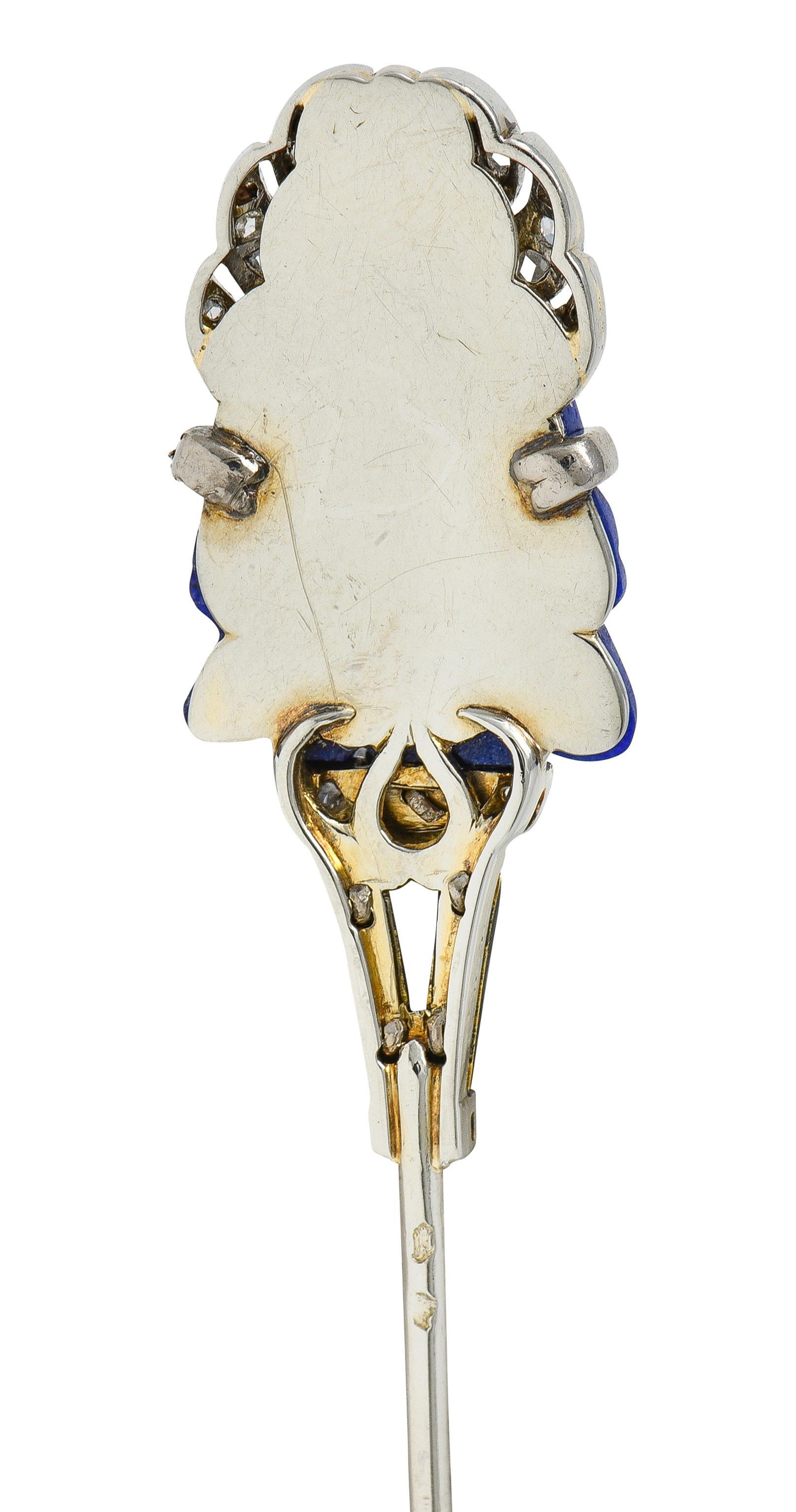French Art Deco Lapis Diamond Enamel Platinum 18K Vintage Buddha Jabot Brooch For Sale 1