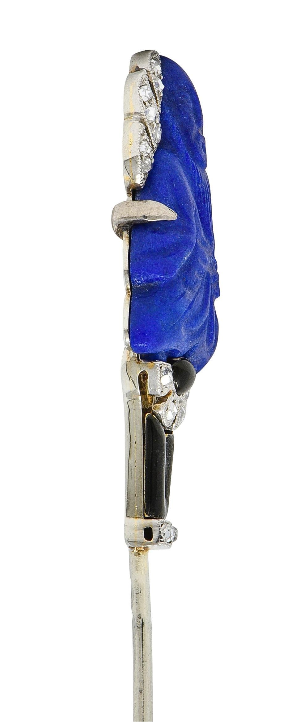 French Art Deco Lapis Diamond Enamel Platinum 18K Vintage Buddha Jabot Brooch For Sale 2