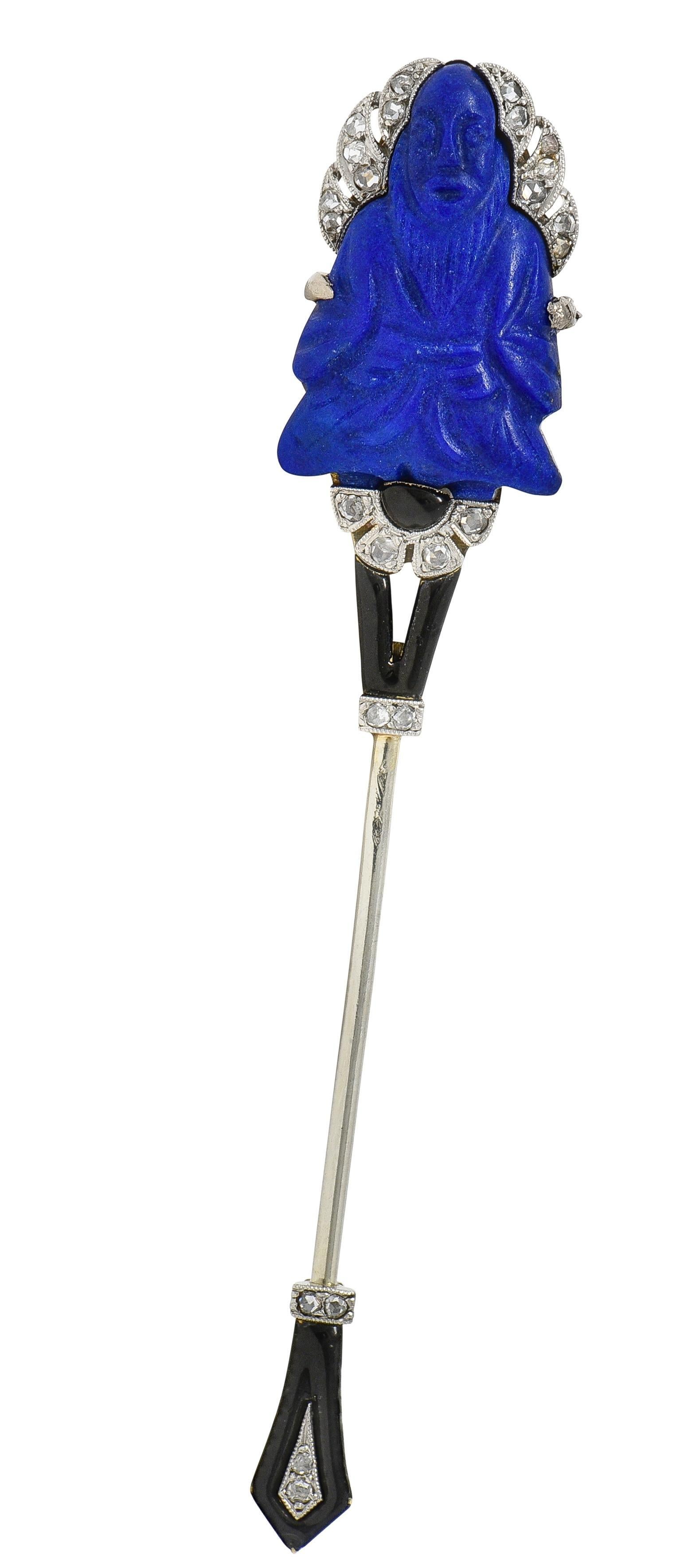 French Art Deco Lapis Diamond Enamel Platinum 18K Vintage Buddha Jabot Brooch For Sale