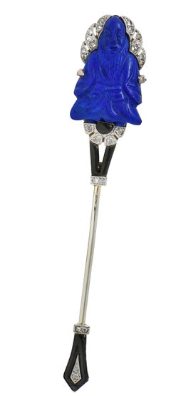 Art Decó francés Lapis Diamante Esmalte Platino 18K Vintage Buda Jabot Broche