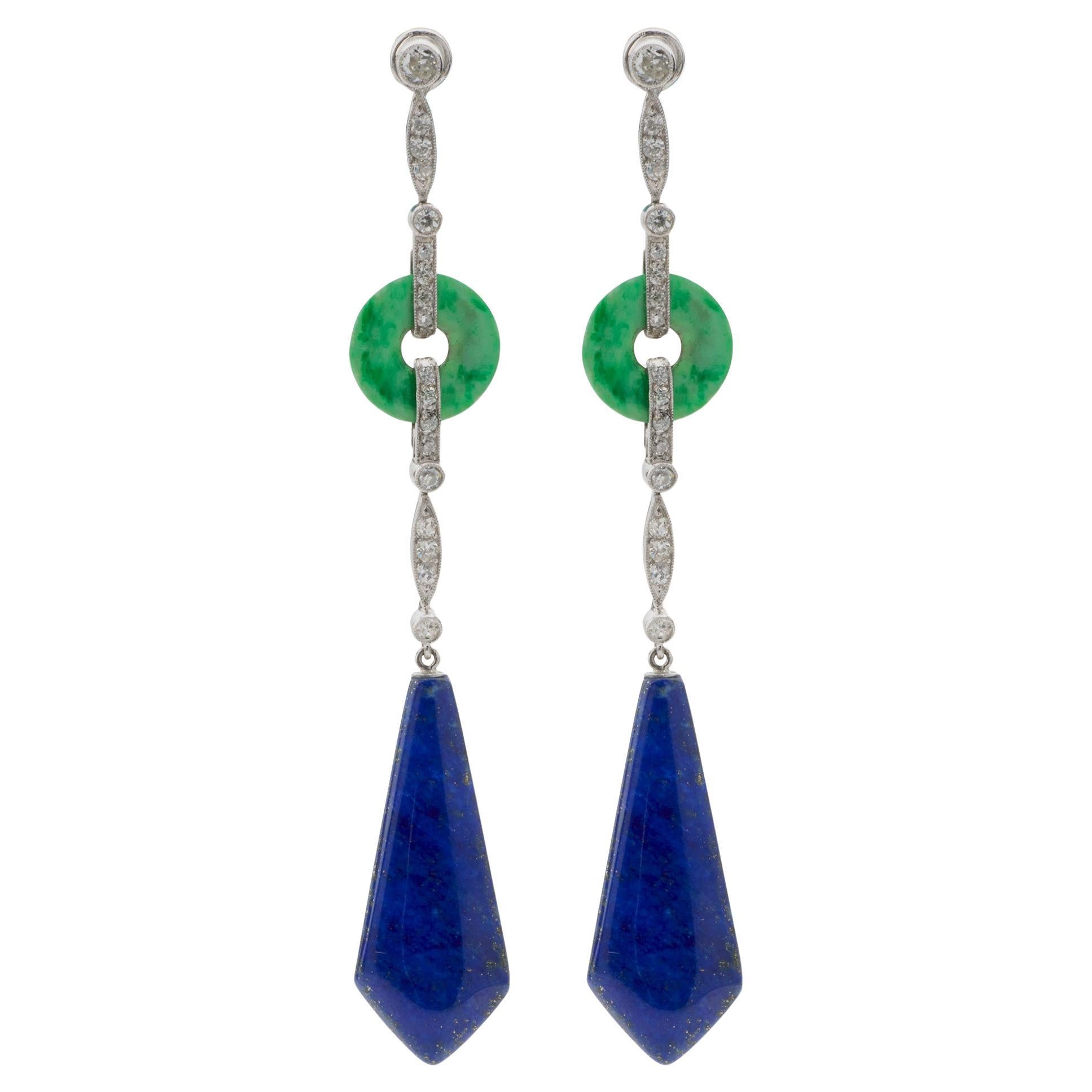 French Art Deco Lapis, Jadeite and Diamond Pendant Earrings