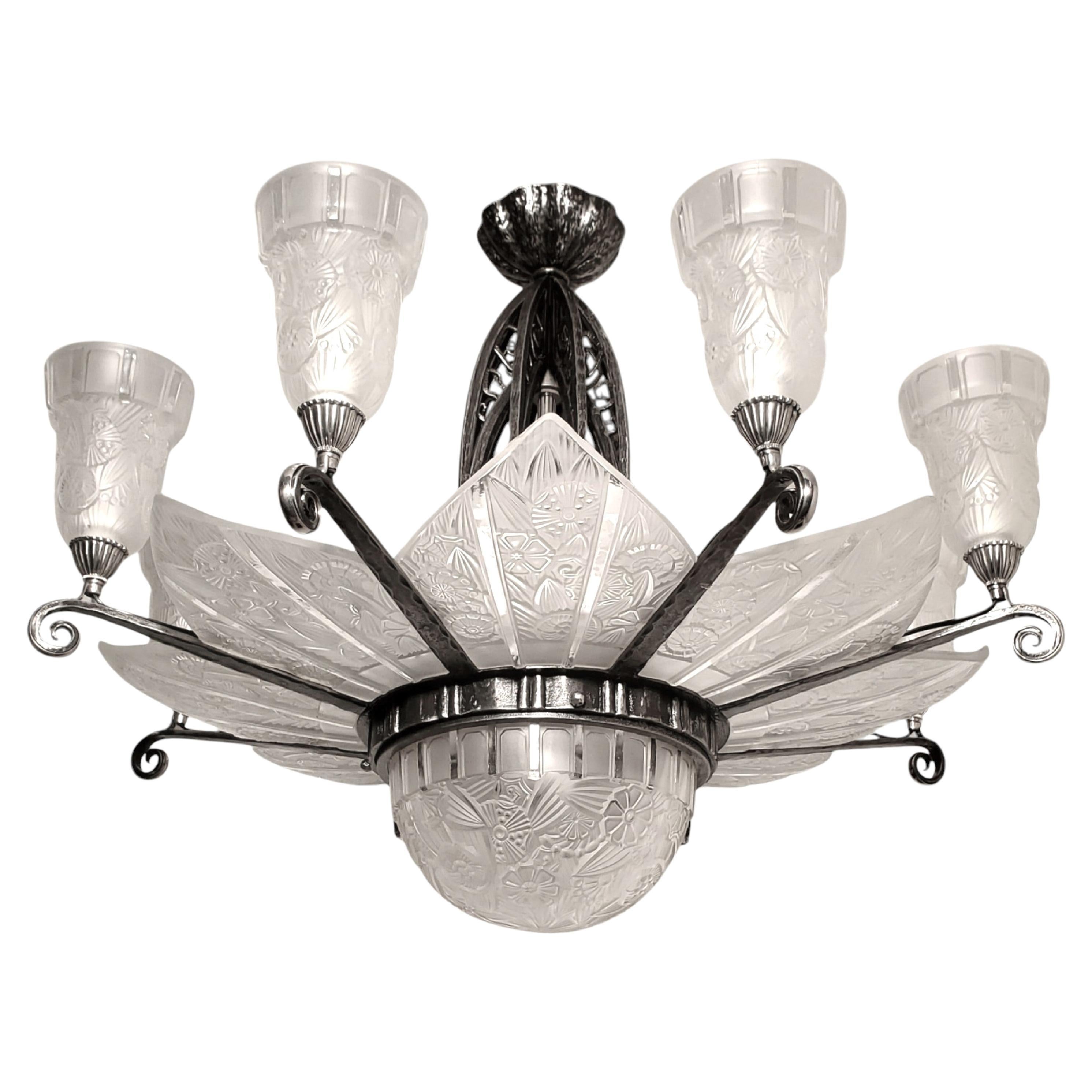 French Art Deco large 8 panel 8 tulip original Chandelier Signed Hettier Vincent