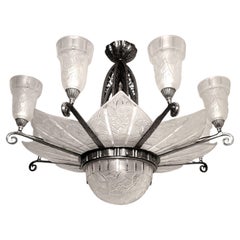 Antique French Art Deco large 8 panel 8 tulip original Chandelier Signed Hettier Vincent