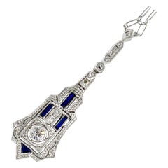 French Art Deco Lavaliere Diamond and Sapphire Drop White Gold Pendant Necklace