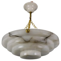 French Art Deco Layered White Alabaster Pendant Light with Dark Veins, 1920s