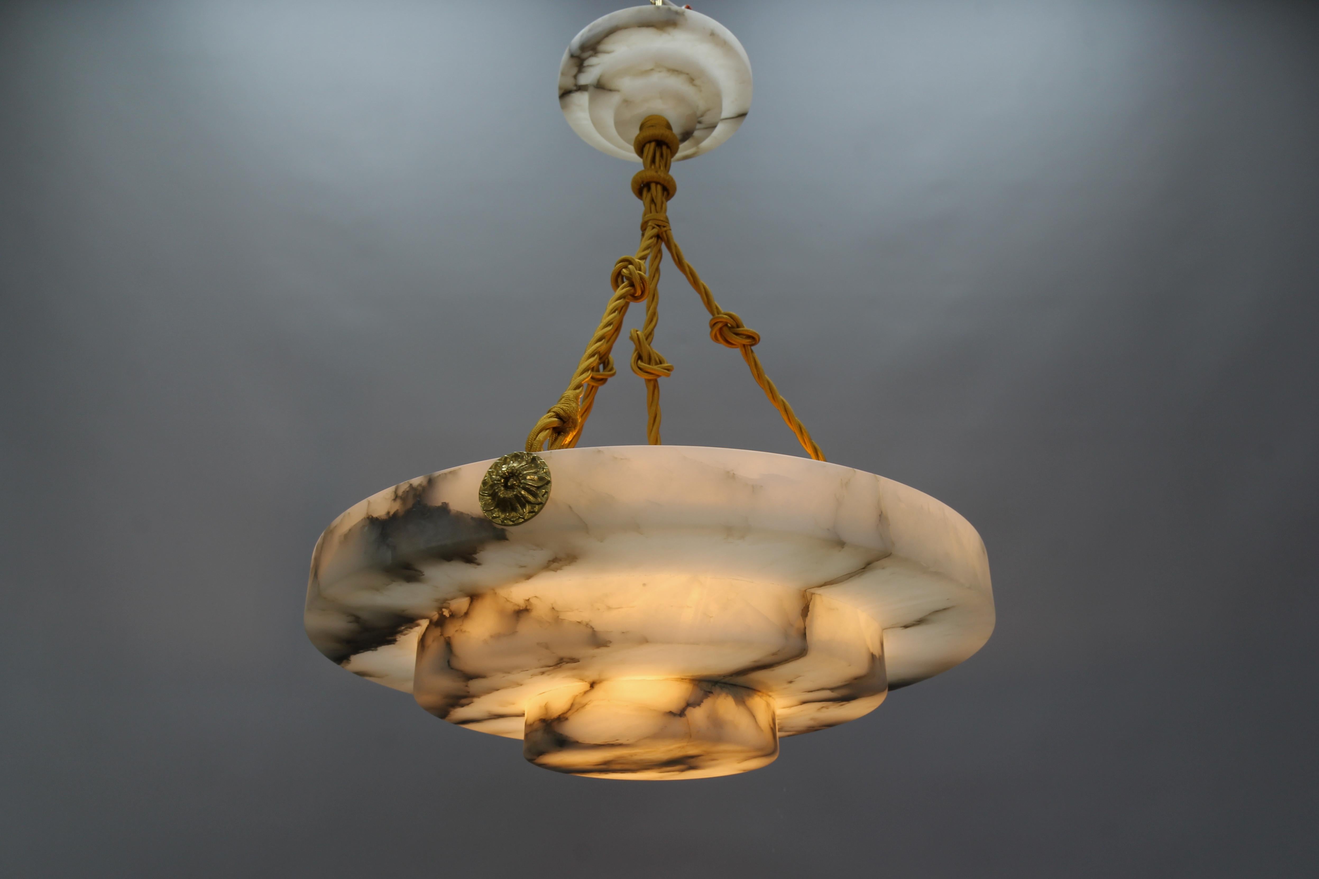French Art Deco Layered White and Black Alabaster Pendant Light, 1920s 3