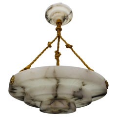 French Art Deco Layered White and Black Alabaster Pendant Light, 1920s