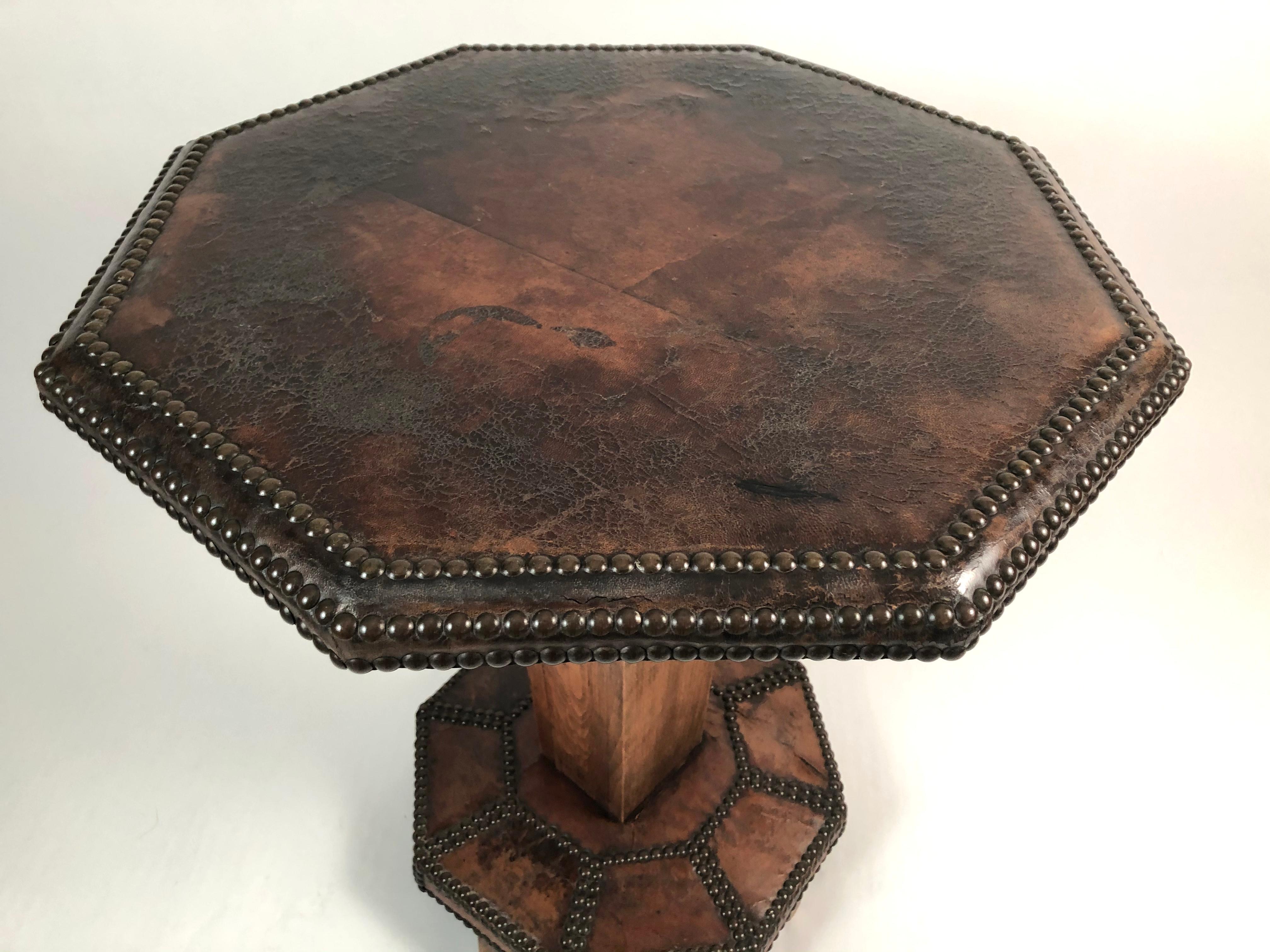 French Art Deco Leather and Brass Stud Decorated Table In Good Condition In Essex, MA