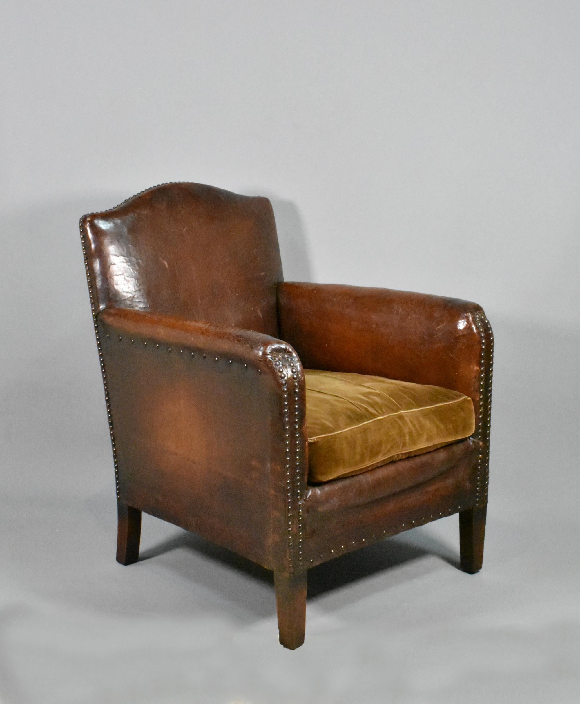 Metal French Art Deco Leather Armchair