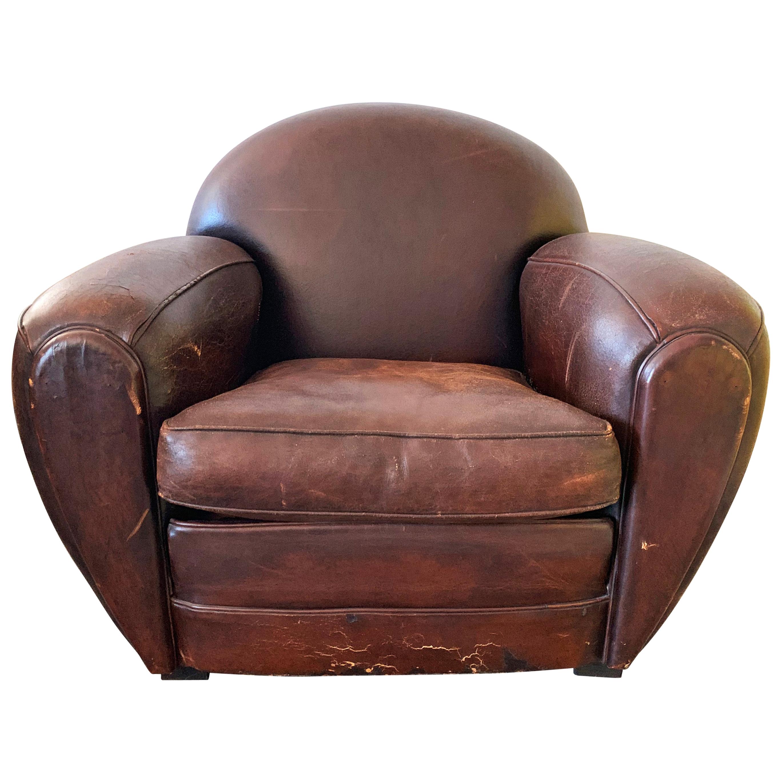French Art Deco Leather Club Chair, 1940s