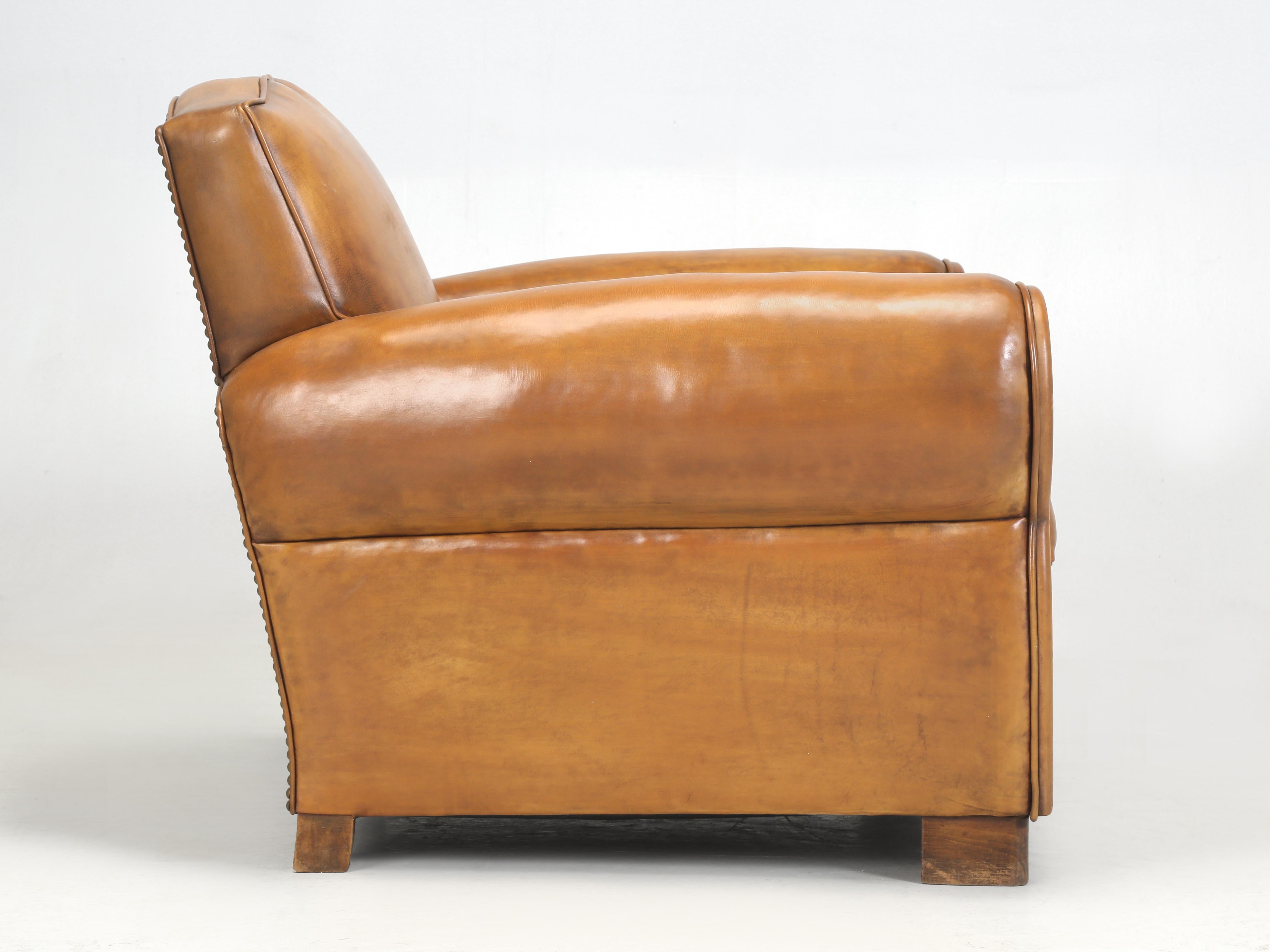 French Art Deco Leather Club Chair Correctly Restored in Horsehair Shredded Coco For Sale 5