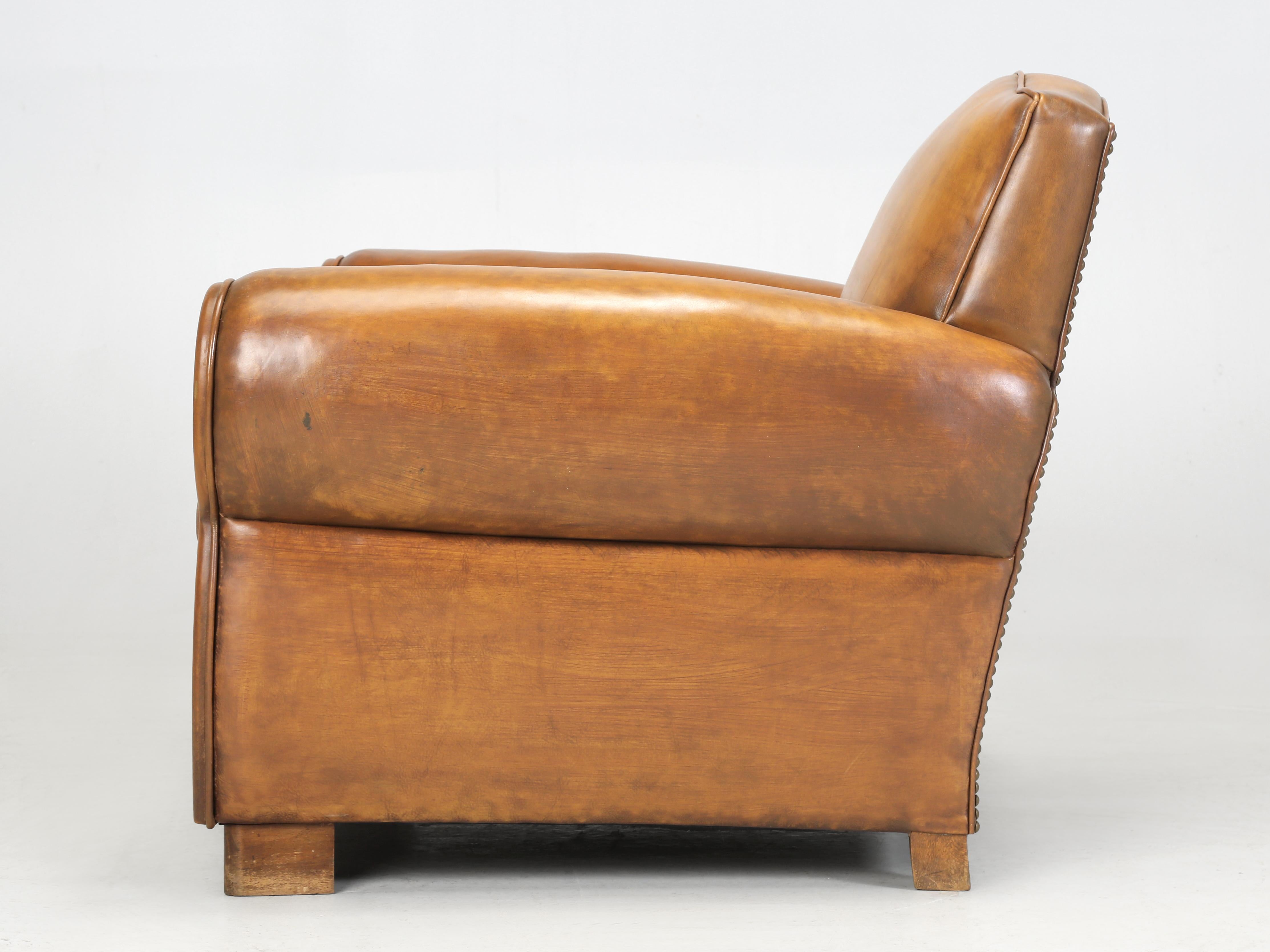 French Art Deco Leather Club Chair Correctly Restored in Horsehair Shredded Coco For Sale 6