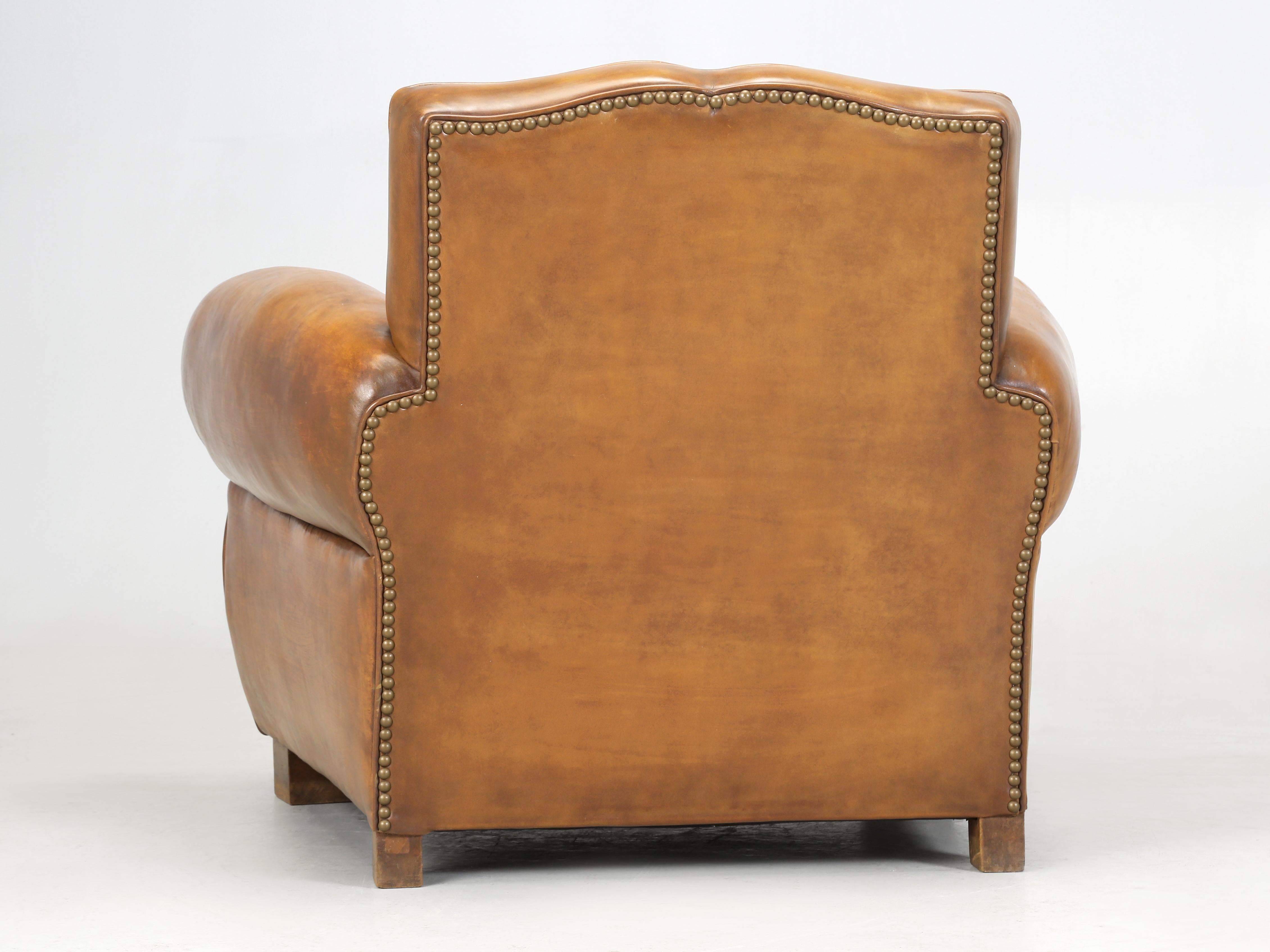 French Art Deco Leather Club Chair Correctly Restored in Horsehair Shredded Coco For Sale 7