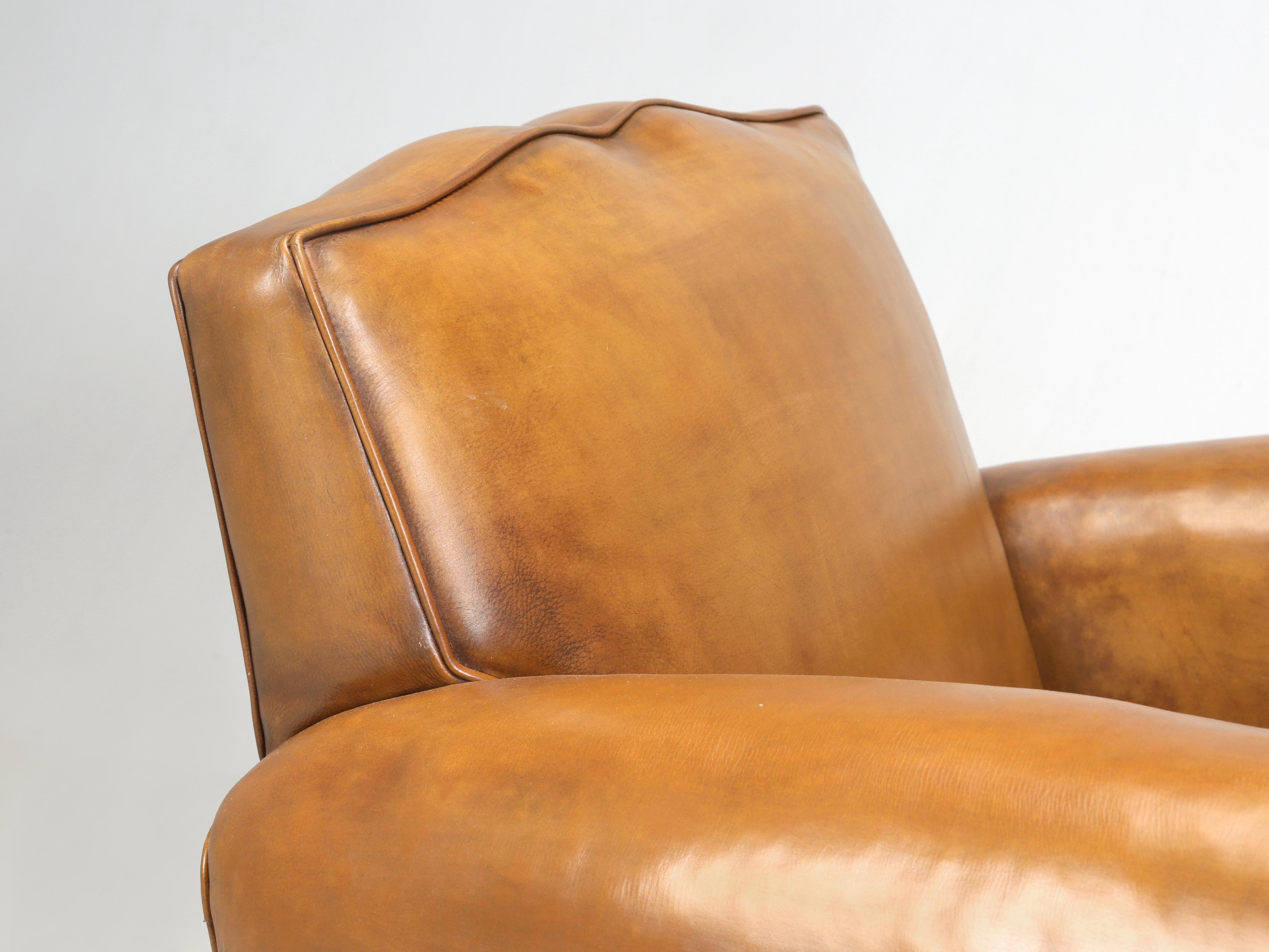 Dyed French Art Deco Leather Club Chair Correctly Restored in Horsehair Shredded Coco For Sale