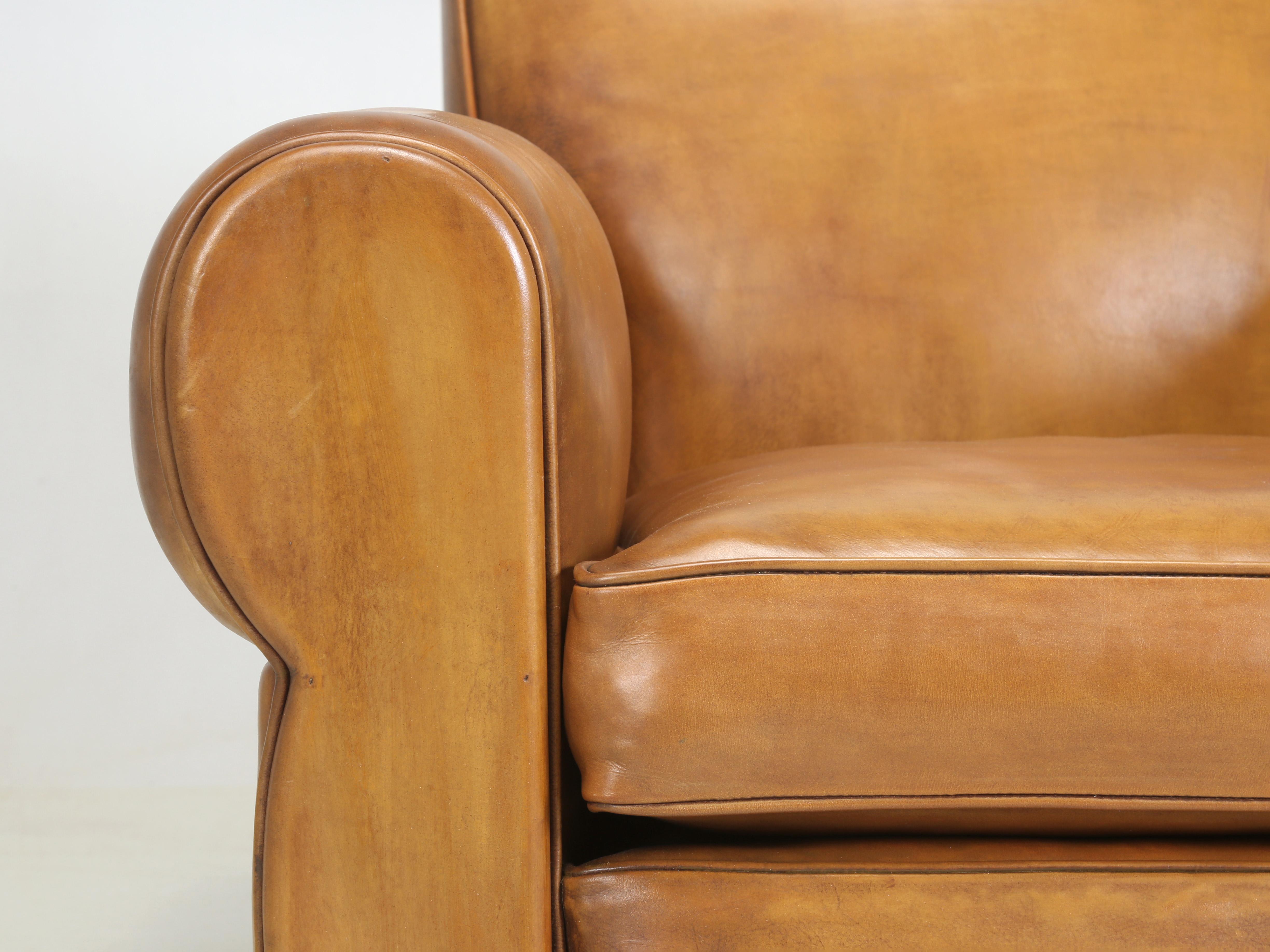 French Art Deco Leather Club Chair Correctly Restored in Horsehair Shredded Coco For Sale 3