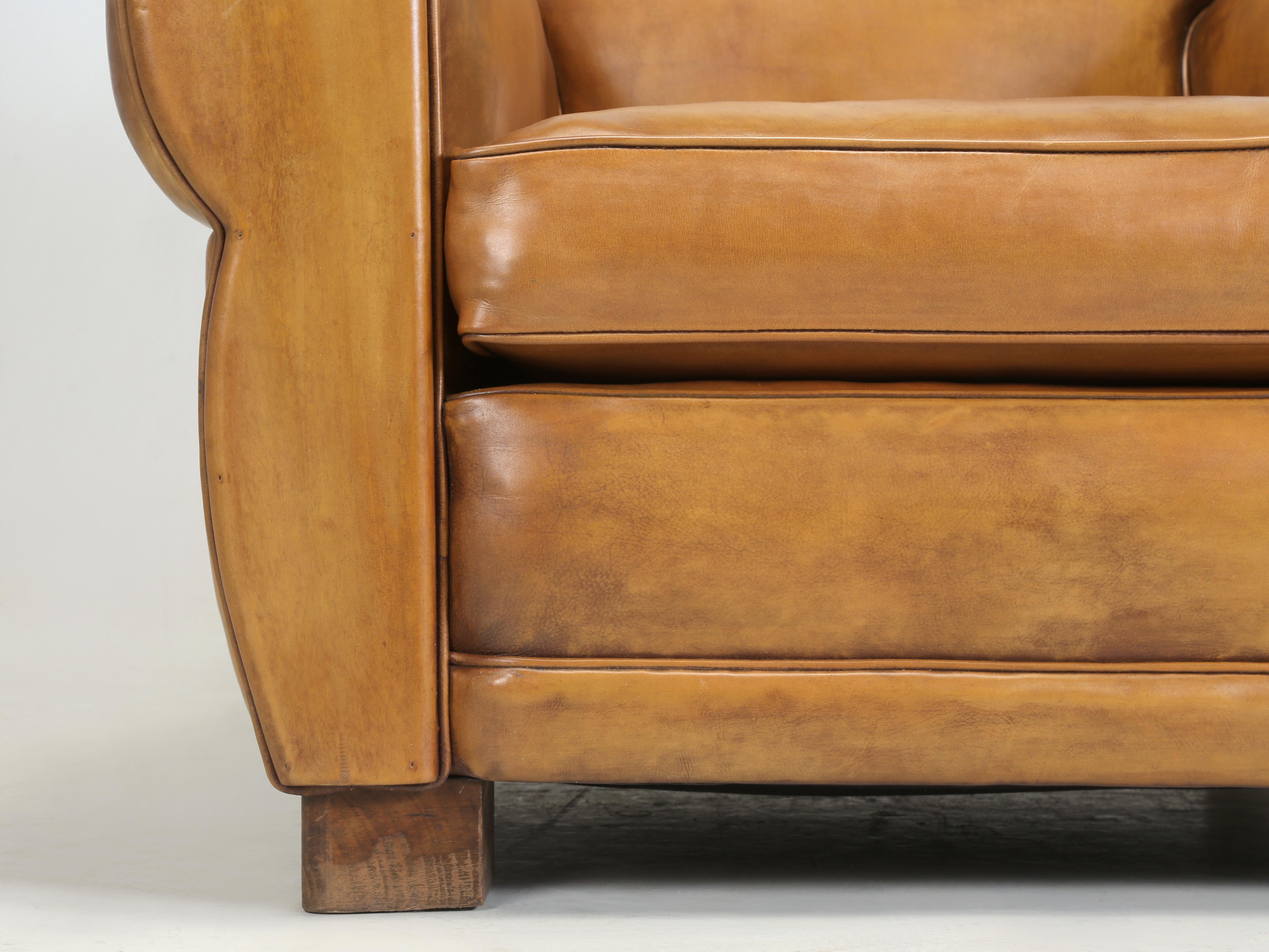 French Art Deco Leather Club Chair Correctly Restored in Horsehair Shredded Coco For Sale 4