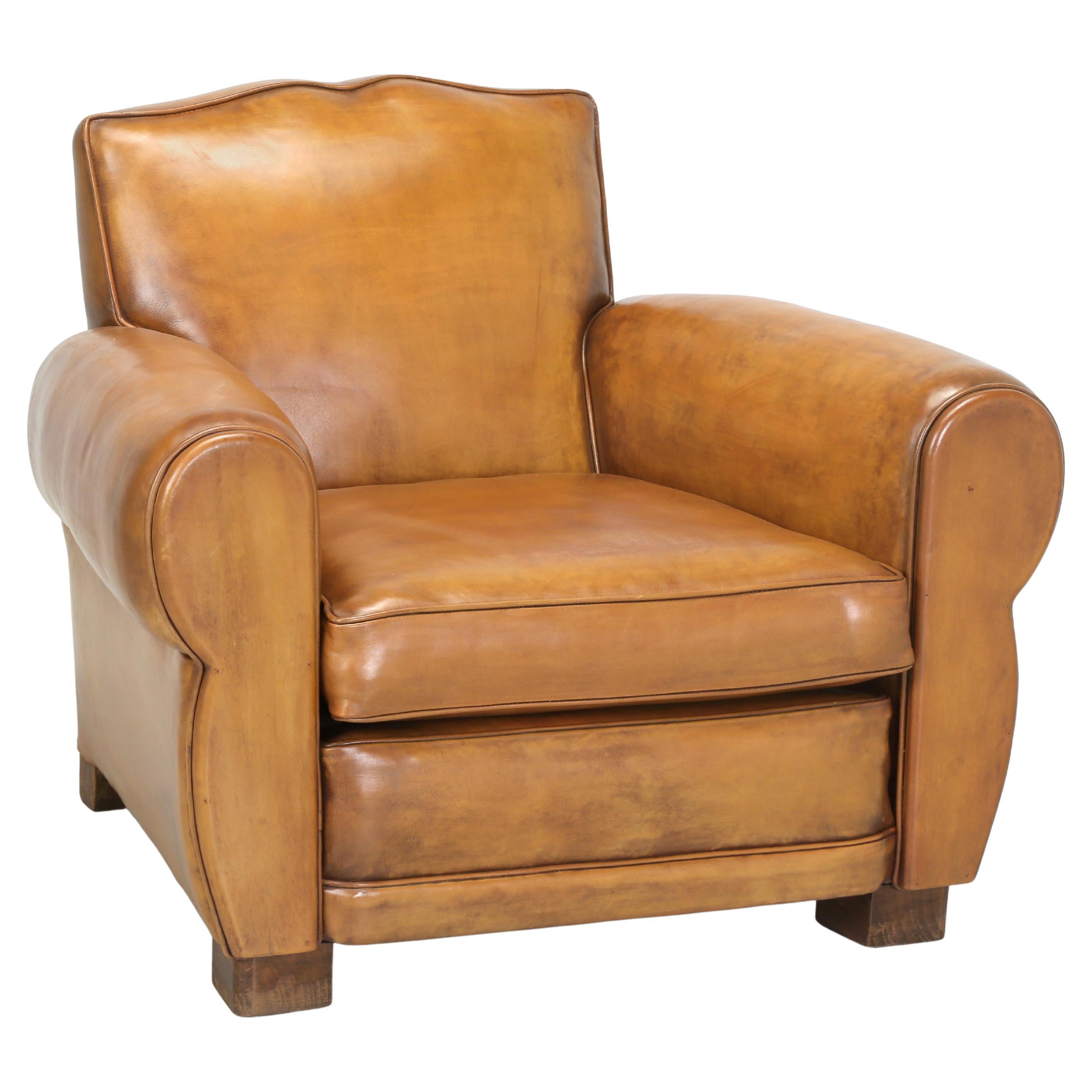 French Art Deco Leather Club Chair Correctly Restored in Horsehair Shredded Coco