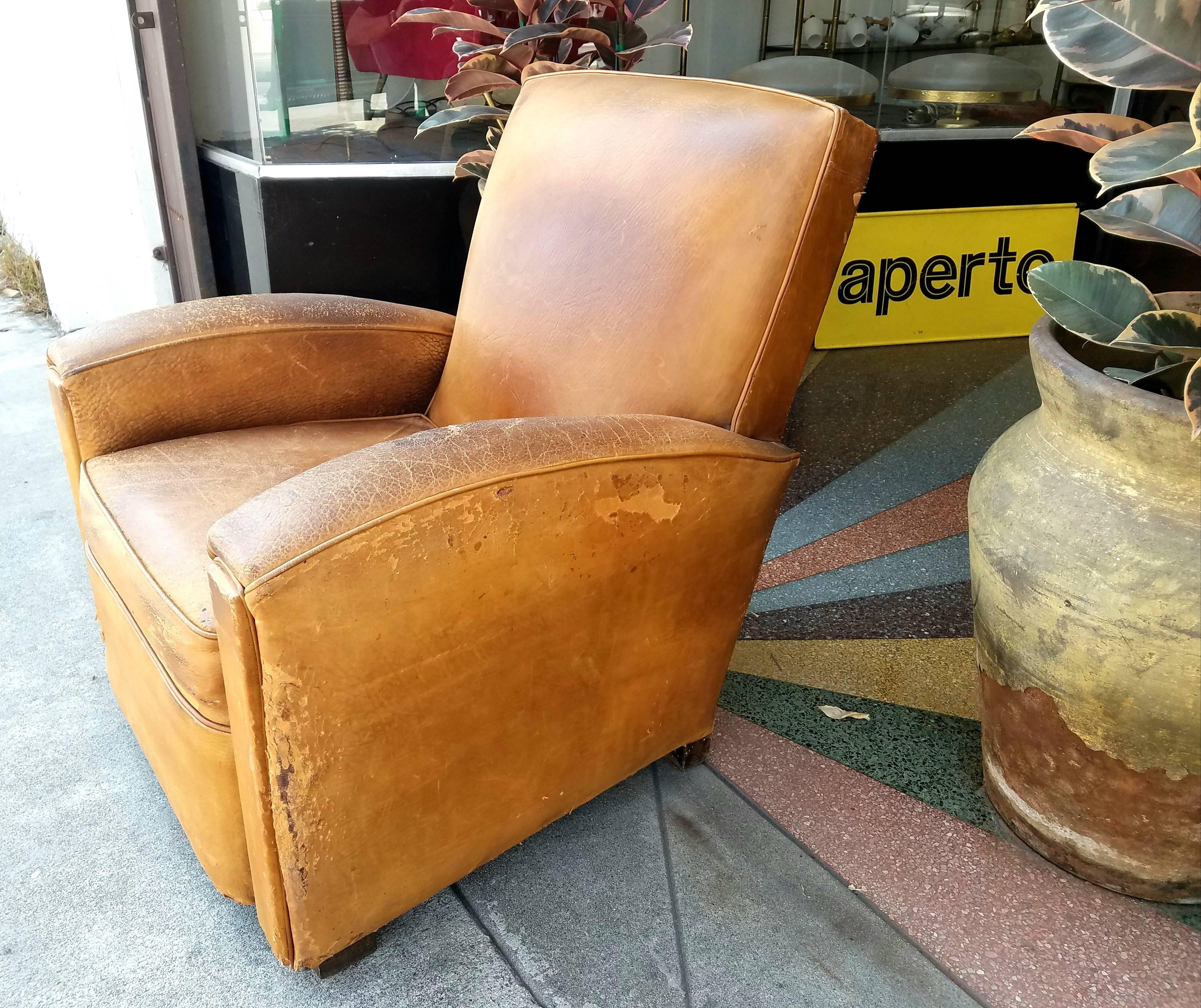 Art Deco 1930s leather French chair. Antique condition comfortable and beautiful.