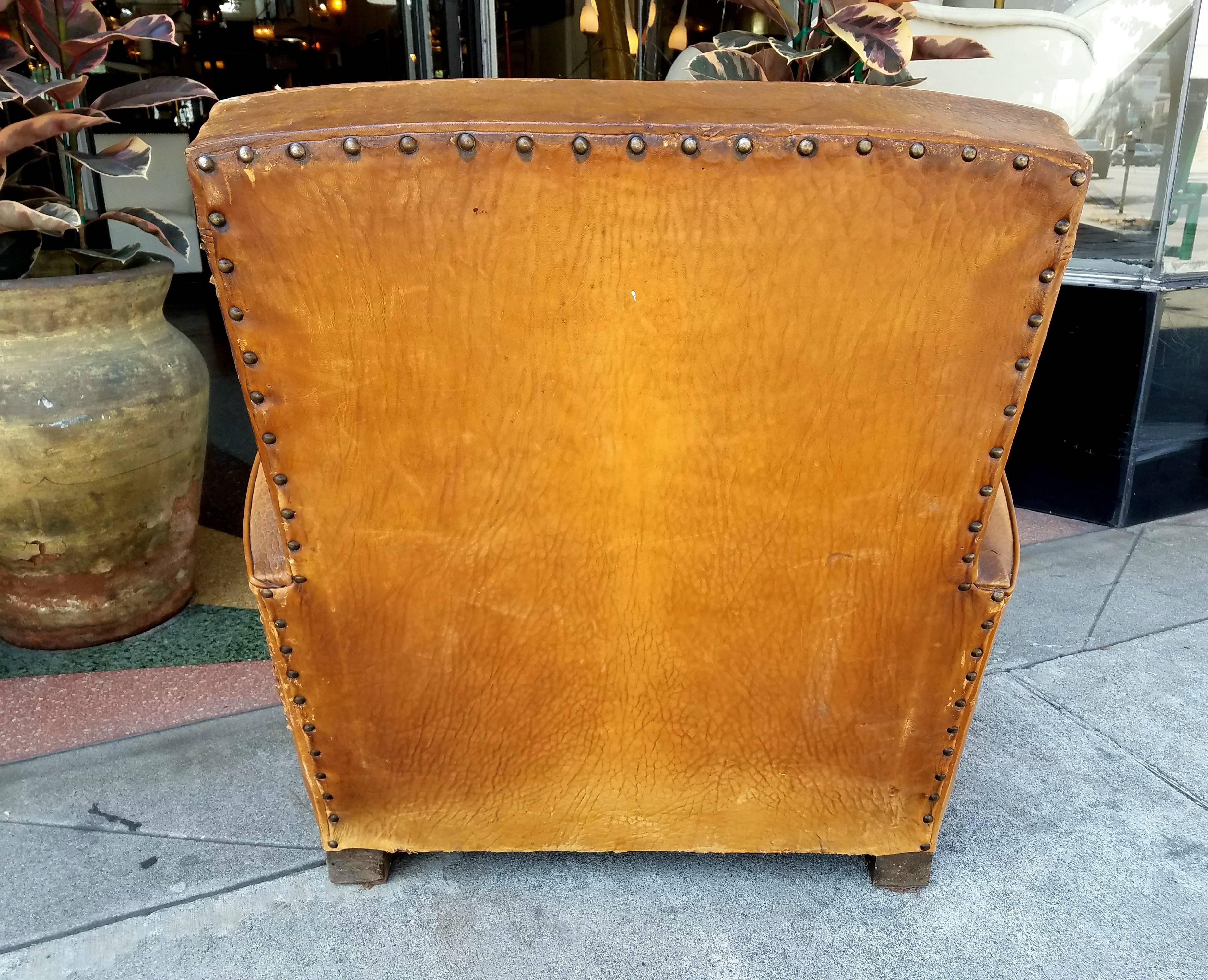 French Art Deco Leather Club Chair In Distressed Condition In Los Angeles, CA
