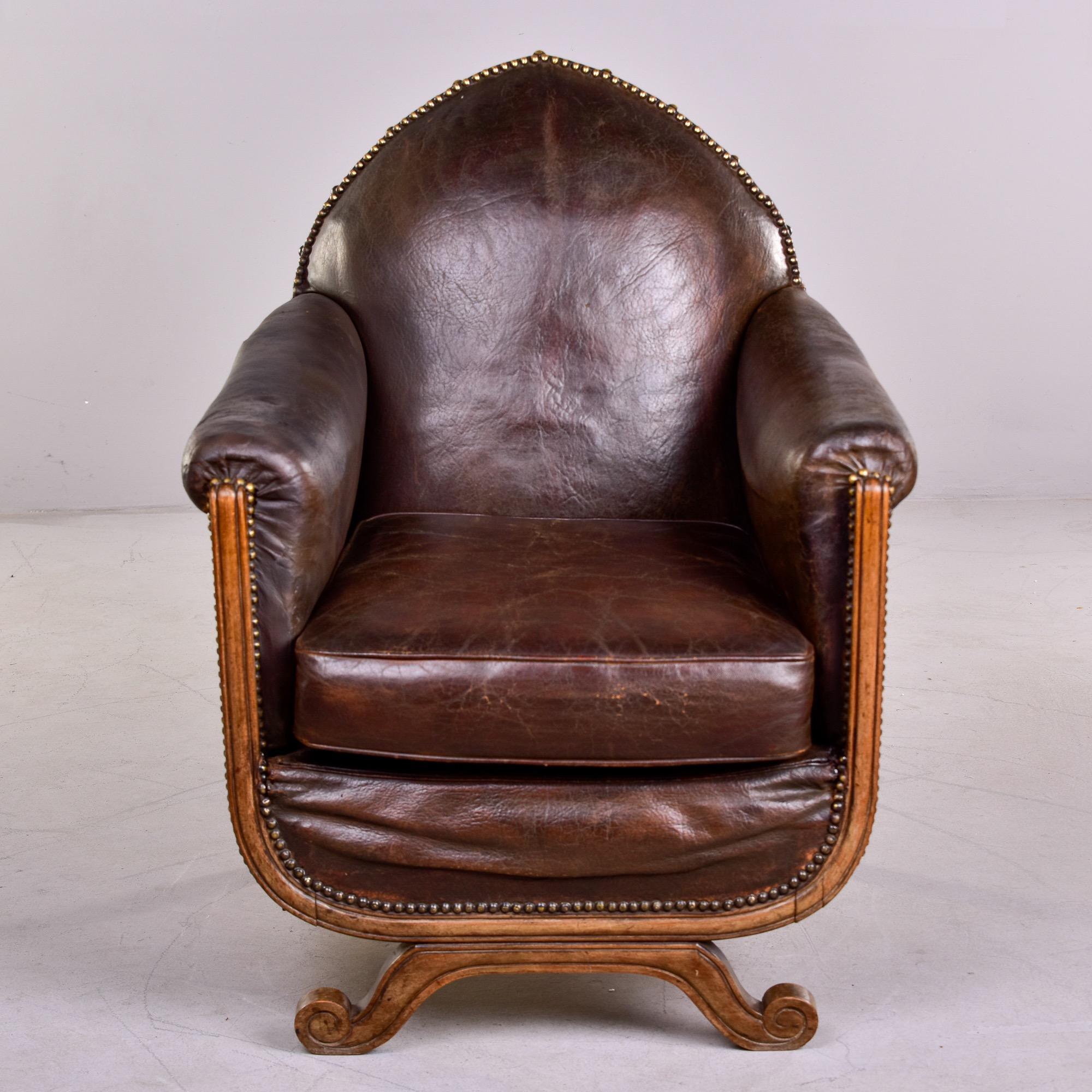 French Art Deco Leather Club Chair With Curved Foot Base In Good Condition In Troy, MI