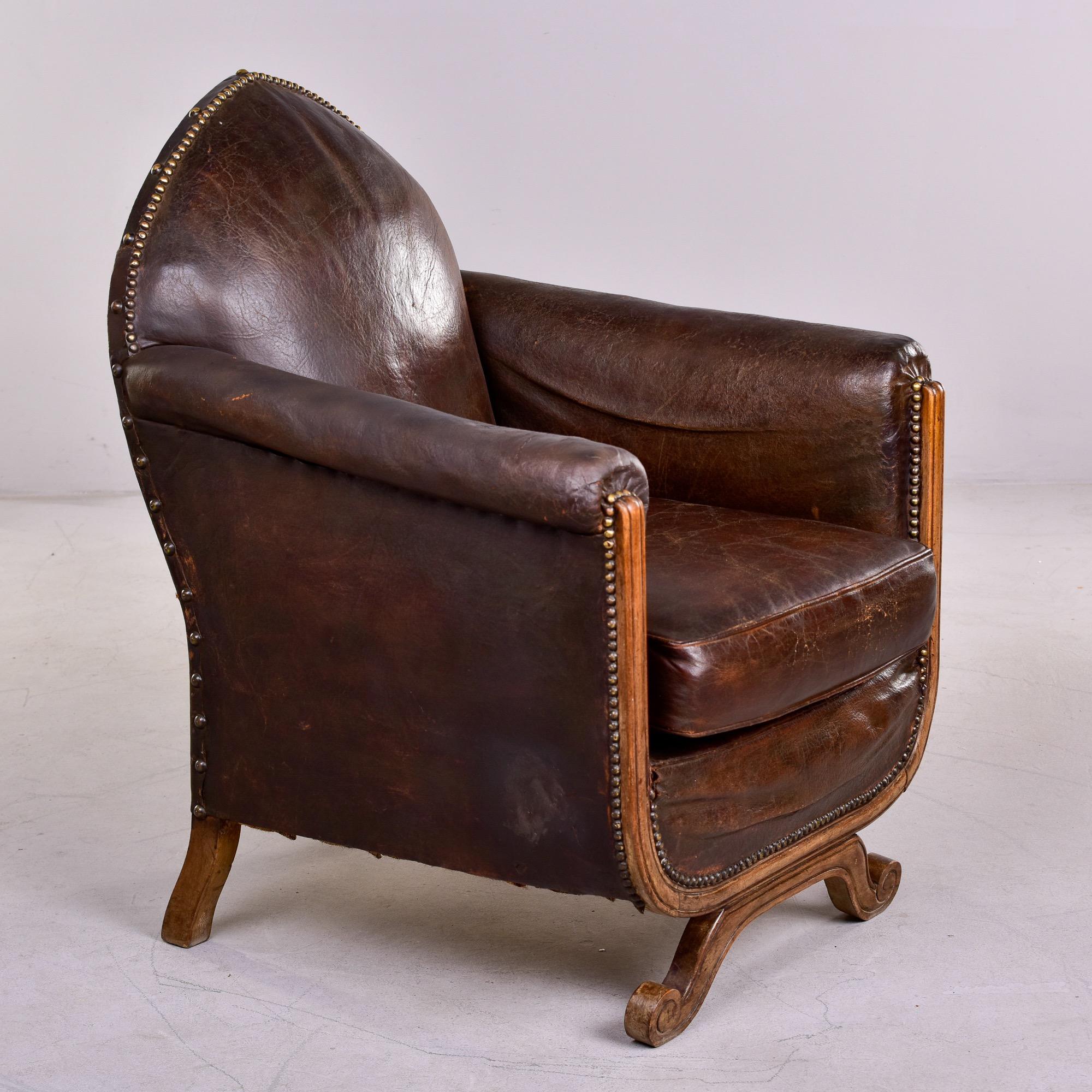 20th Century French Art Deco Leather Club Chair With Curved Foot Base