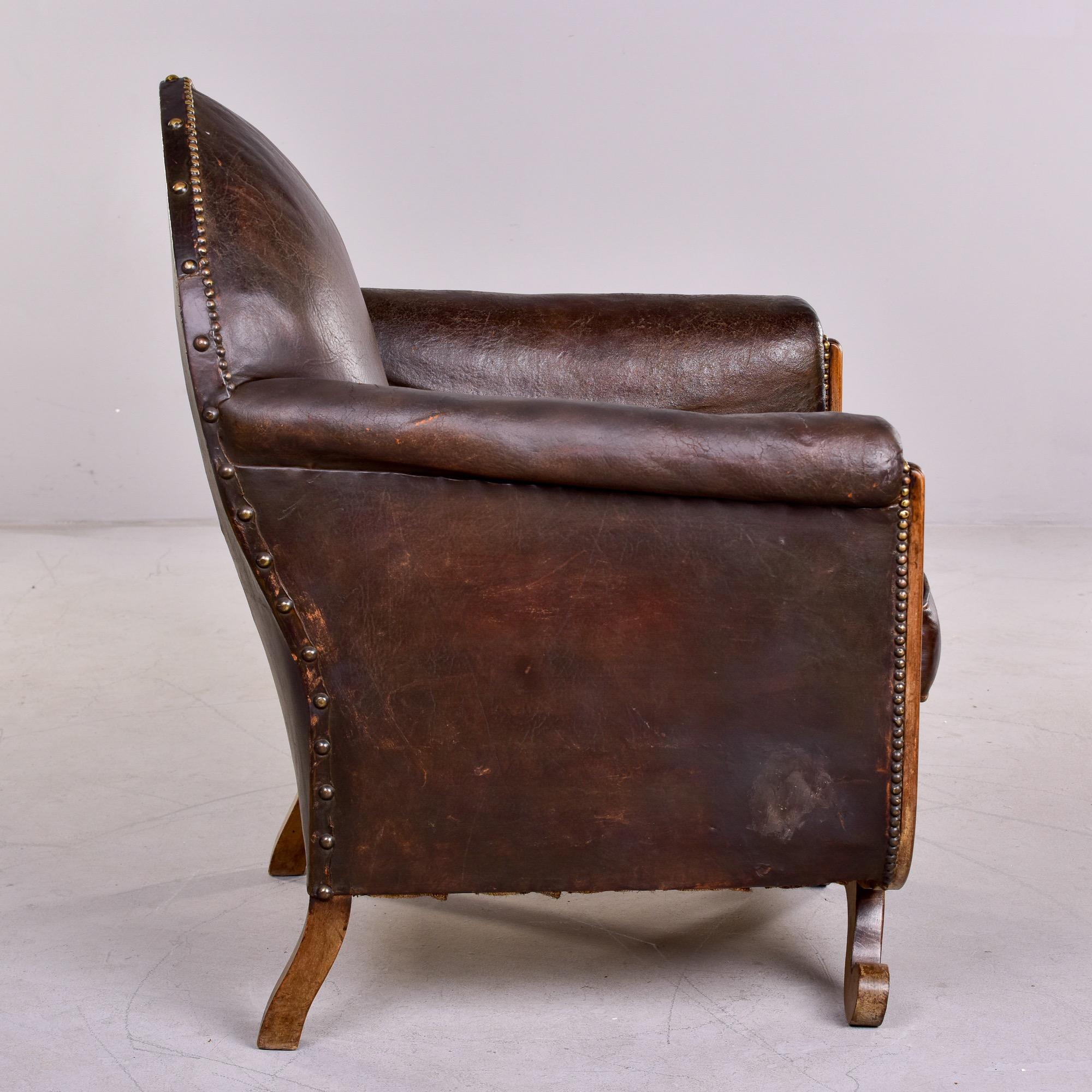 Brass French Art Deco Leather Club Chair With Curved Foot Base