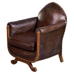 French Art Deco Leather Club Chair With Curved Foot Base