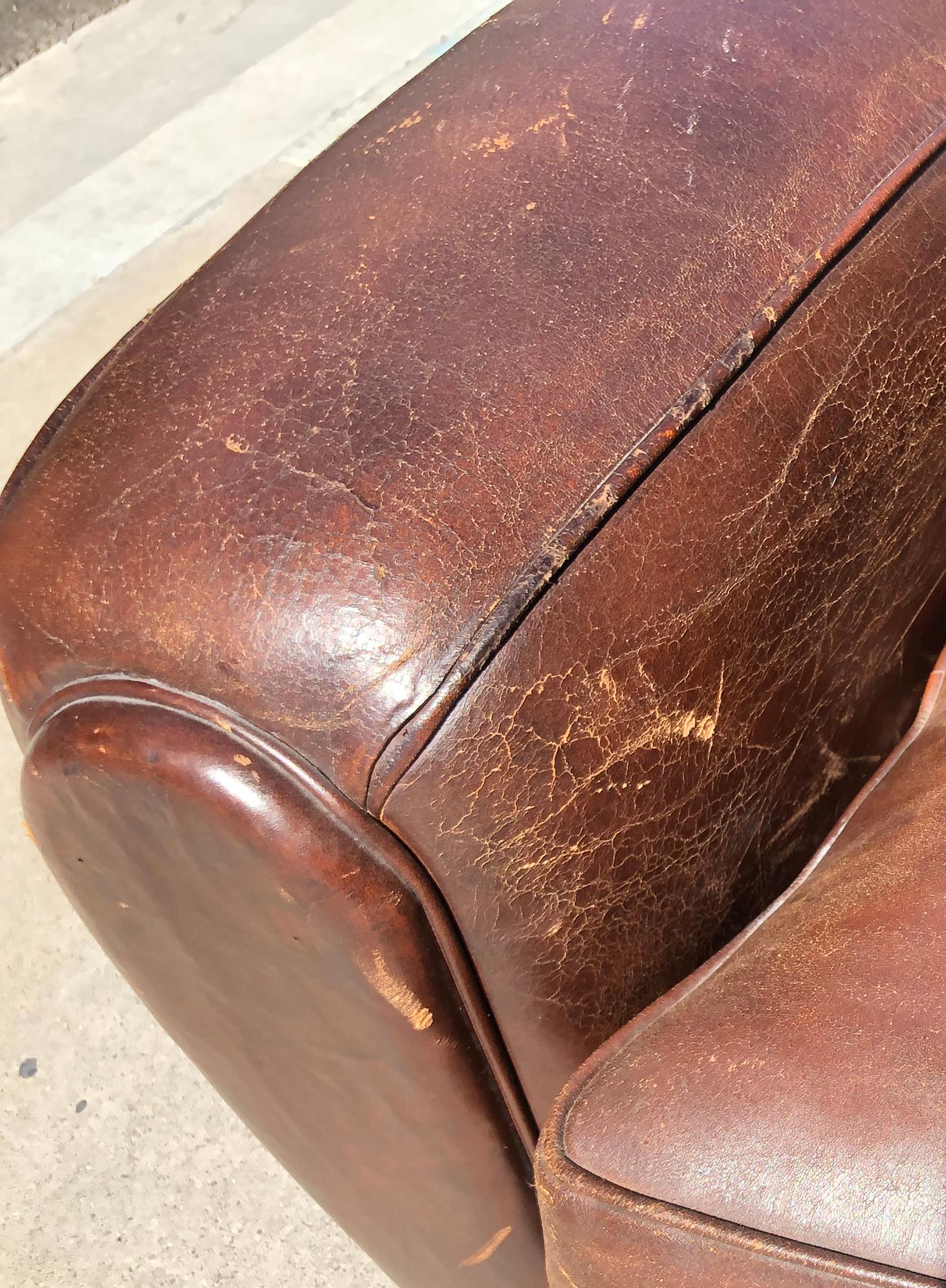 Pair of French Art Deco Leather Club Chairs, 1940s In Distressed Condition In Culver City, CA