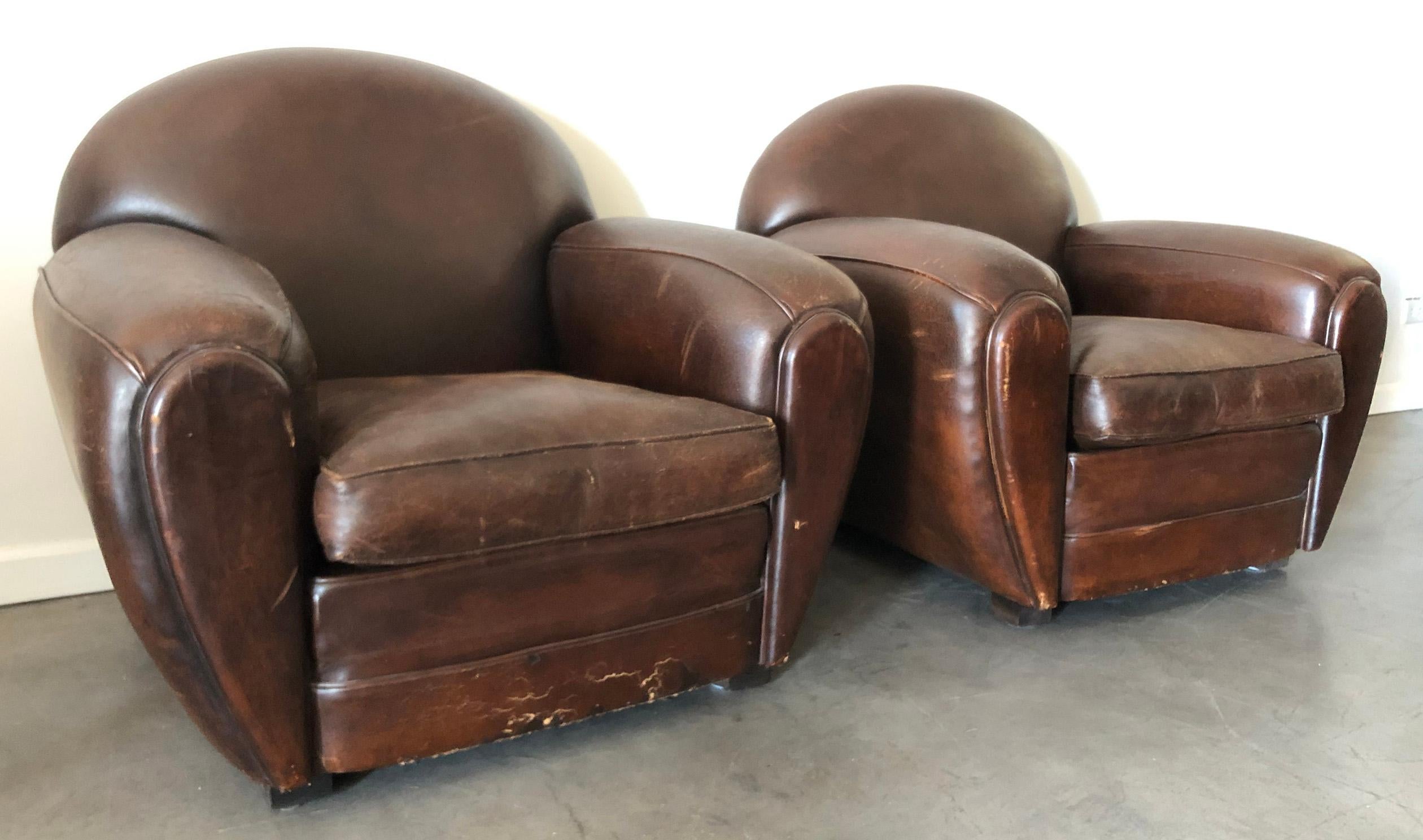 Pair of French Art Deco Leather Club Chairs, 1940s 1
