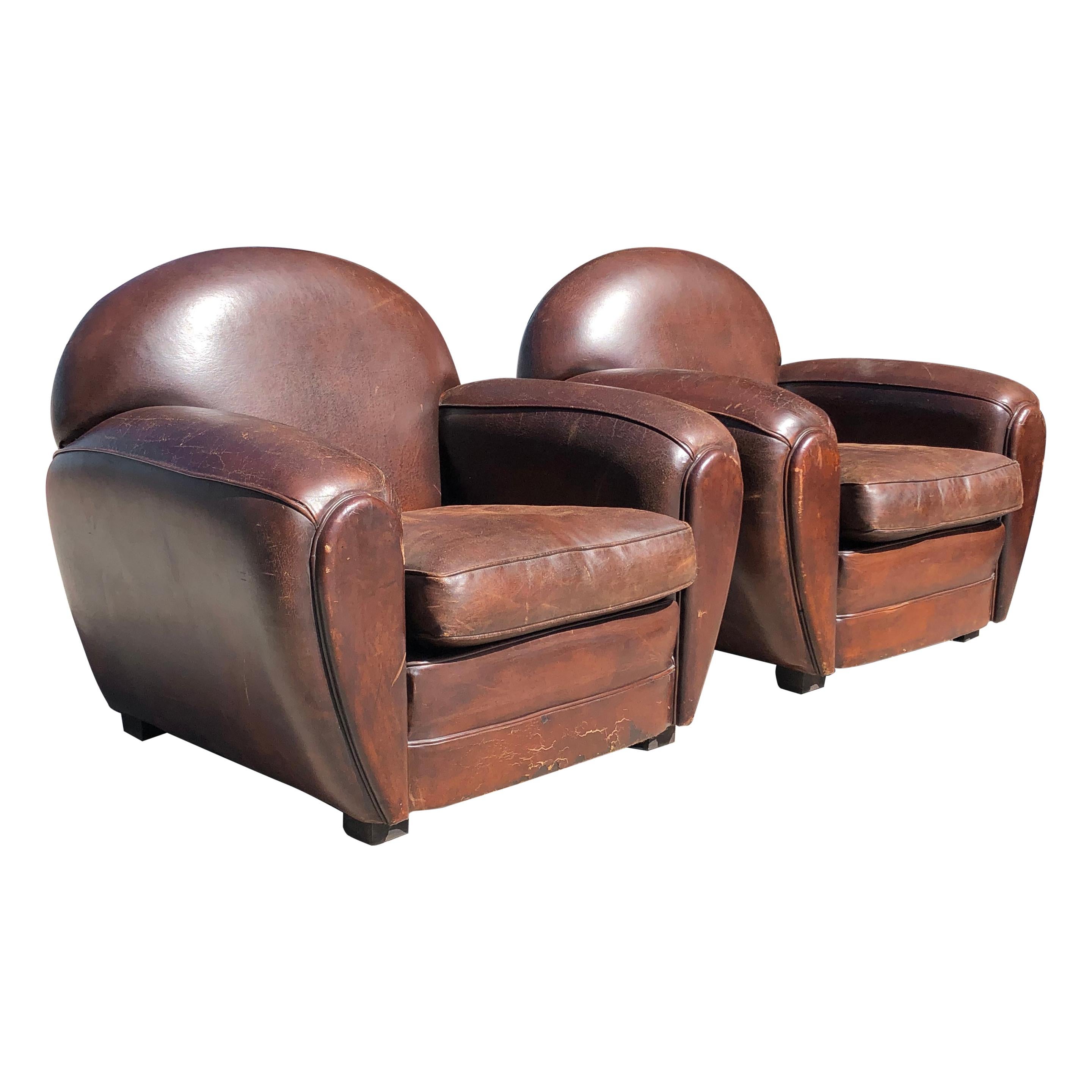 Pair of French Art Deco Leather Club Chairs, 1940s