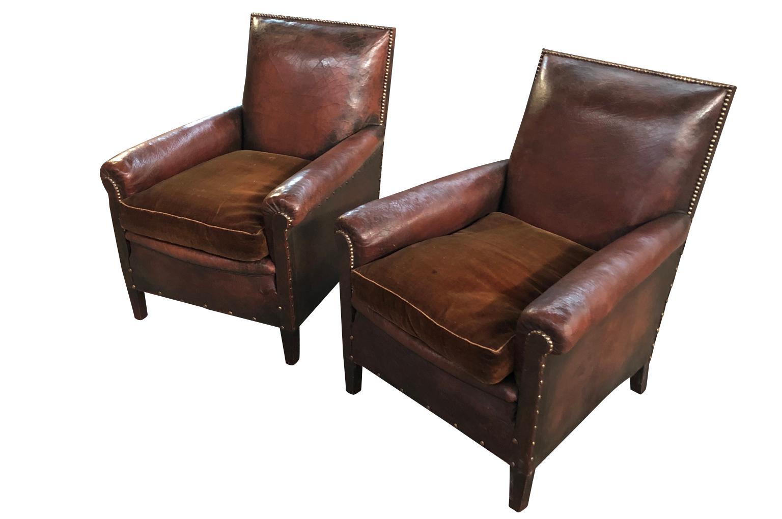 French Art Deco Leather Club Chairs In Good Condition In Atlanta, GA
