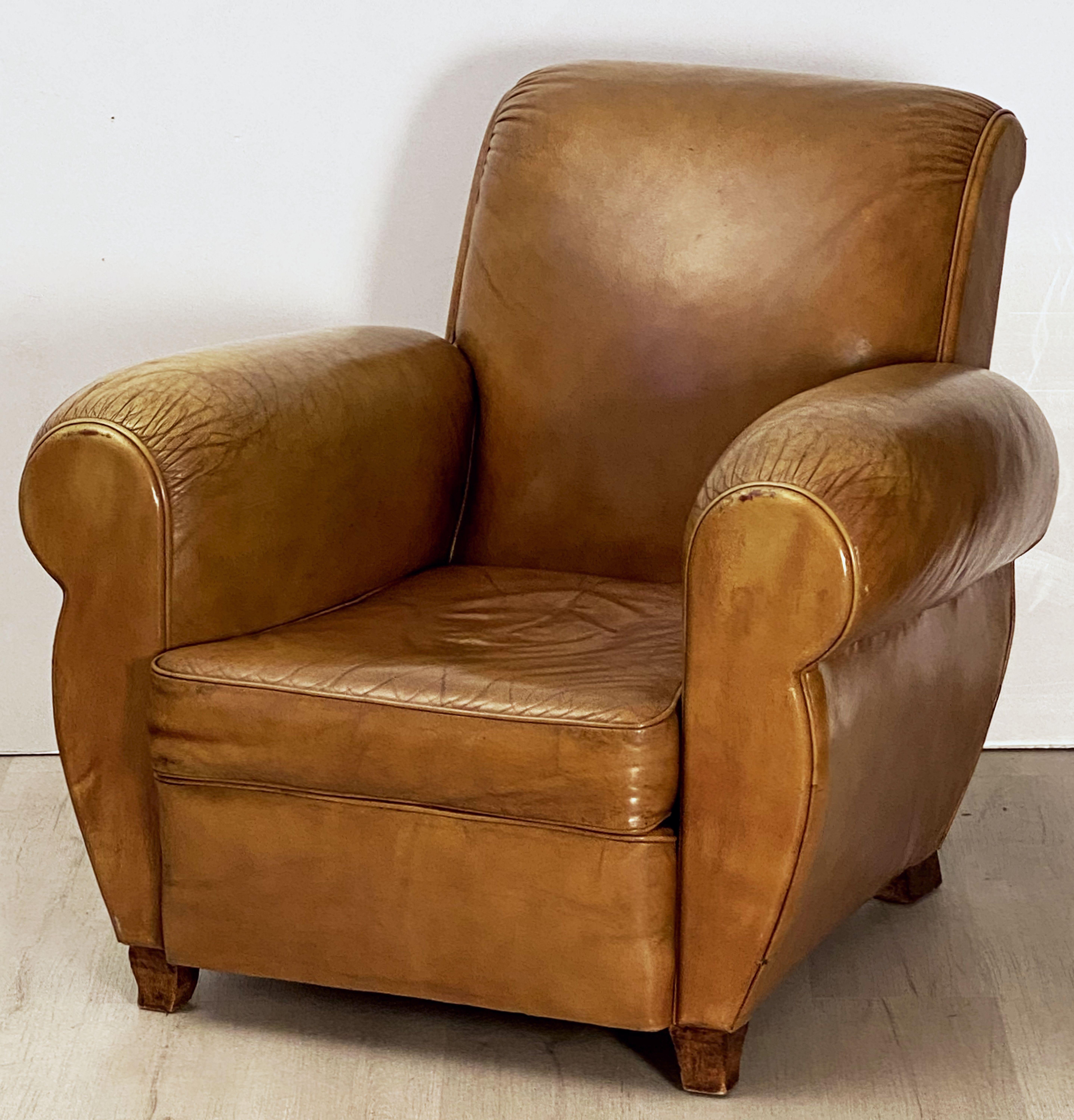 French Art Deco Leather Club Chairs from France 'Priced as a Pair'