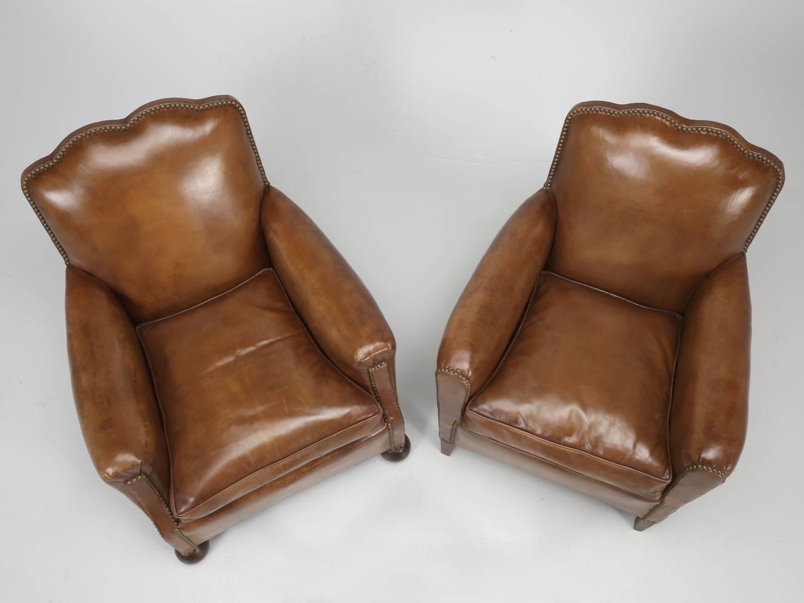 French Art Deco Leather Club Chairs, Restored to a High Standard, Down Cushions In Good Condition In Chicago, IL