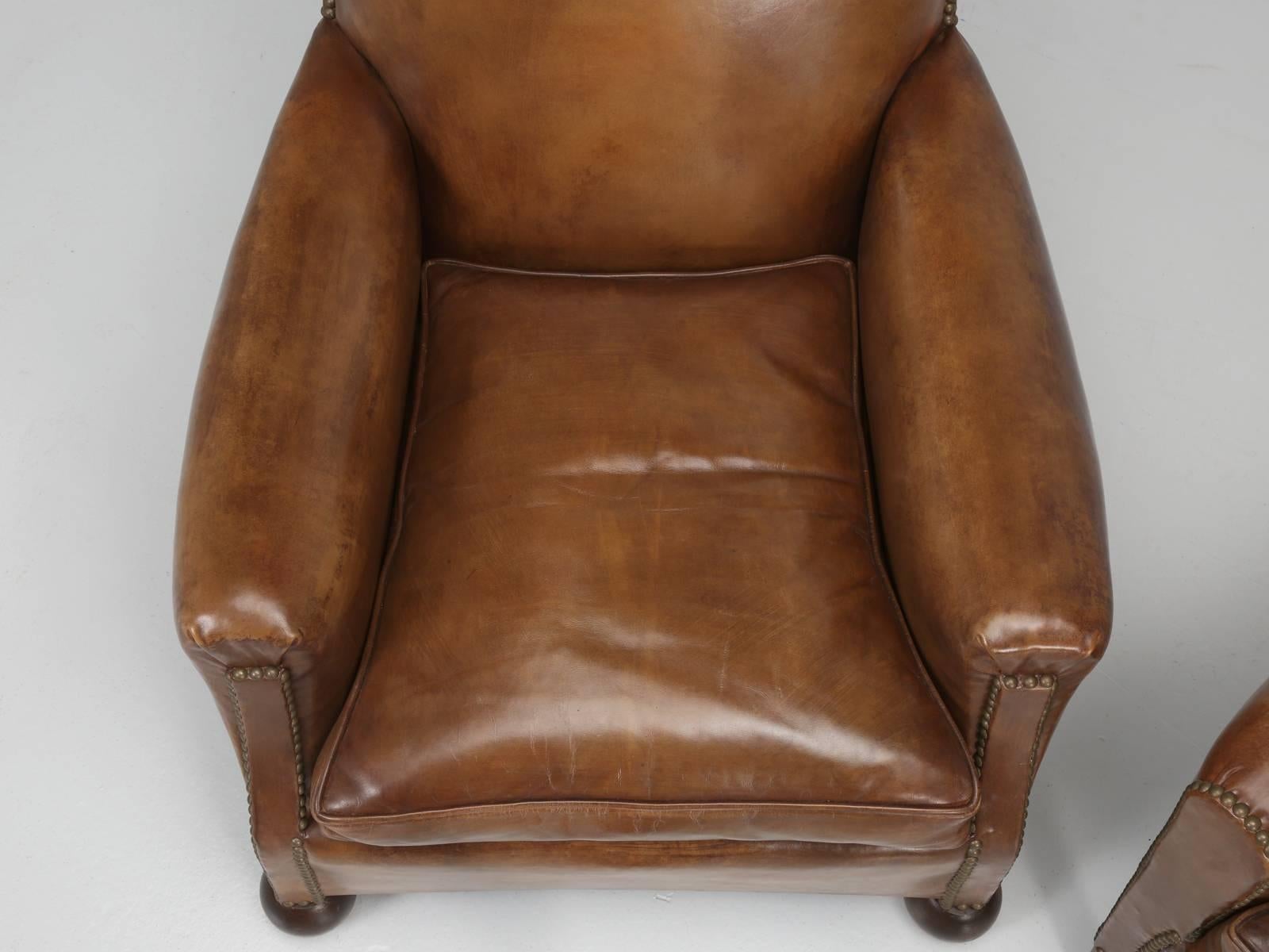 Mid-20th Century French Art Deco Leather Club Chairs, Restored to a High Standard, Down Cushions