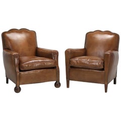 French Art Deco Leather Club Chairs, Restored to a High Standard, Down Cushions