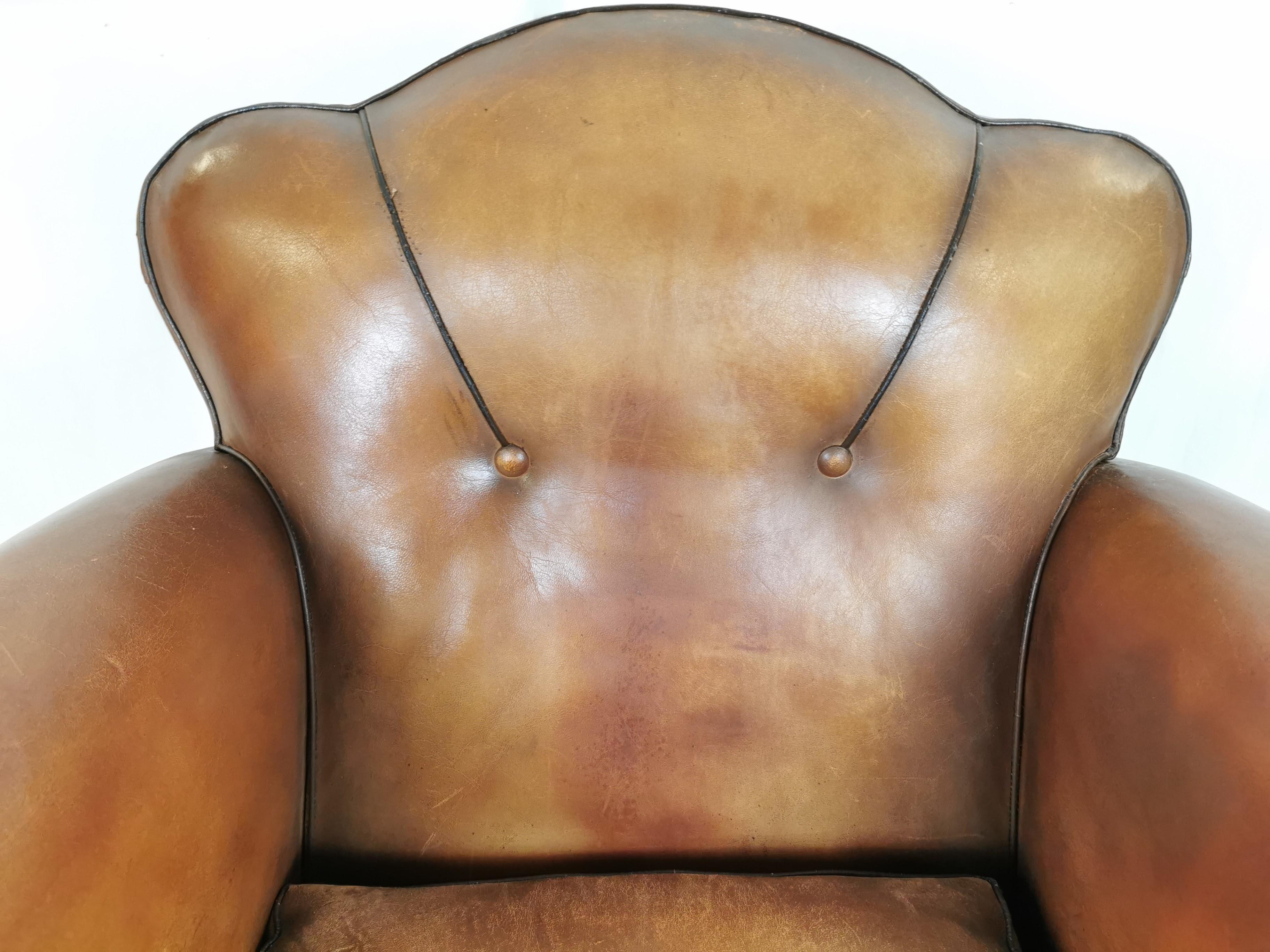 Embossed French Art Deco Leather Moustache Club Chairs