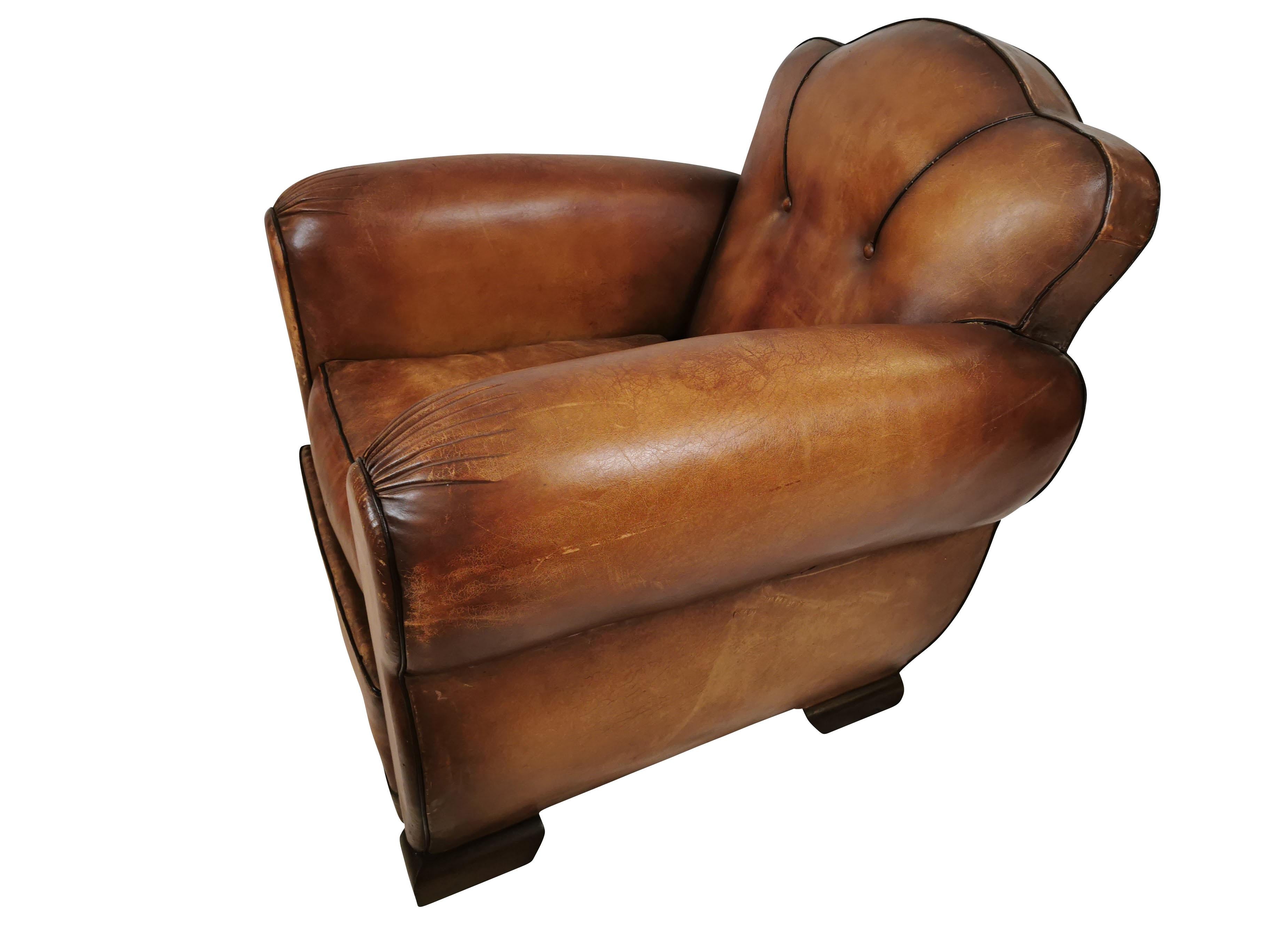 French Art Deco Leather Moustache Club Chairs In Good Condition In Wilton, CT