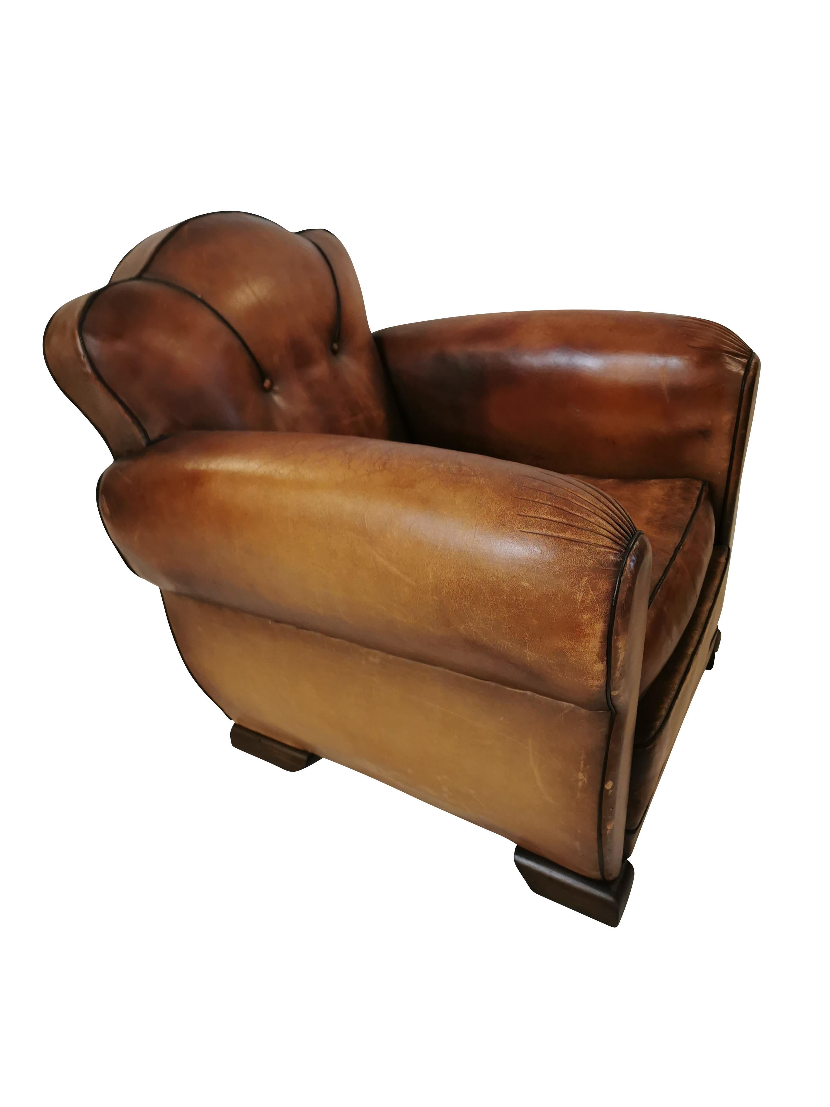 French Art Deco Leather Moustache Club Chairs 4