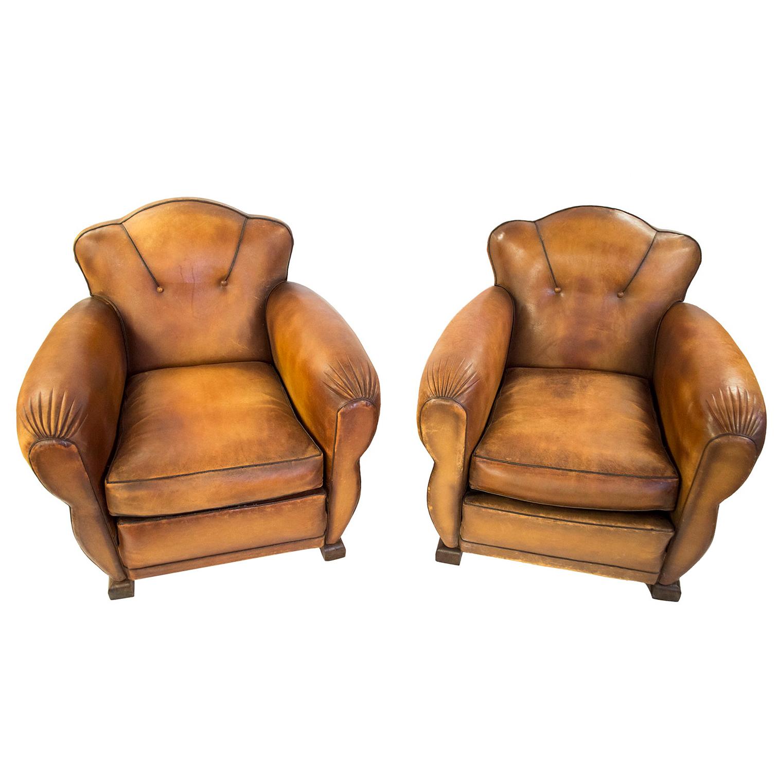 French Art Deco Leather Moustache Club Chairs