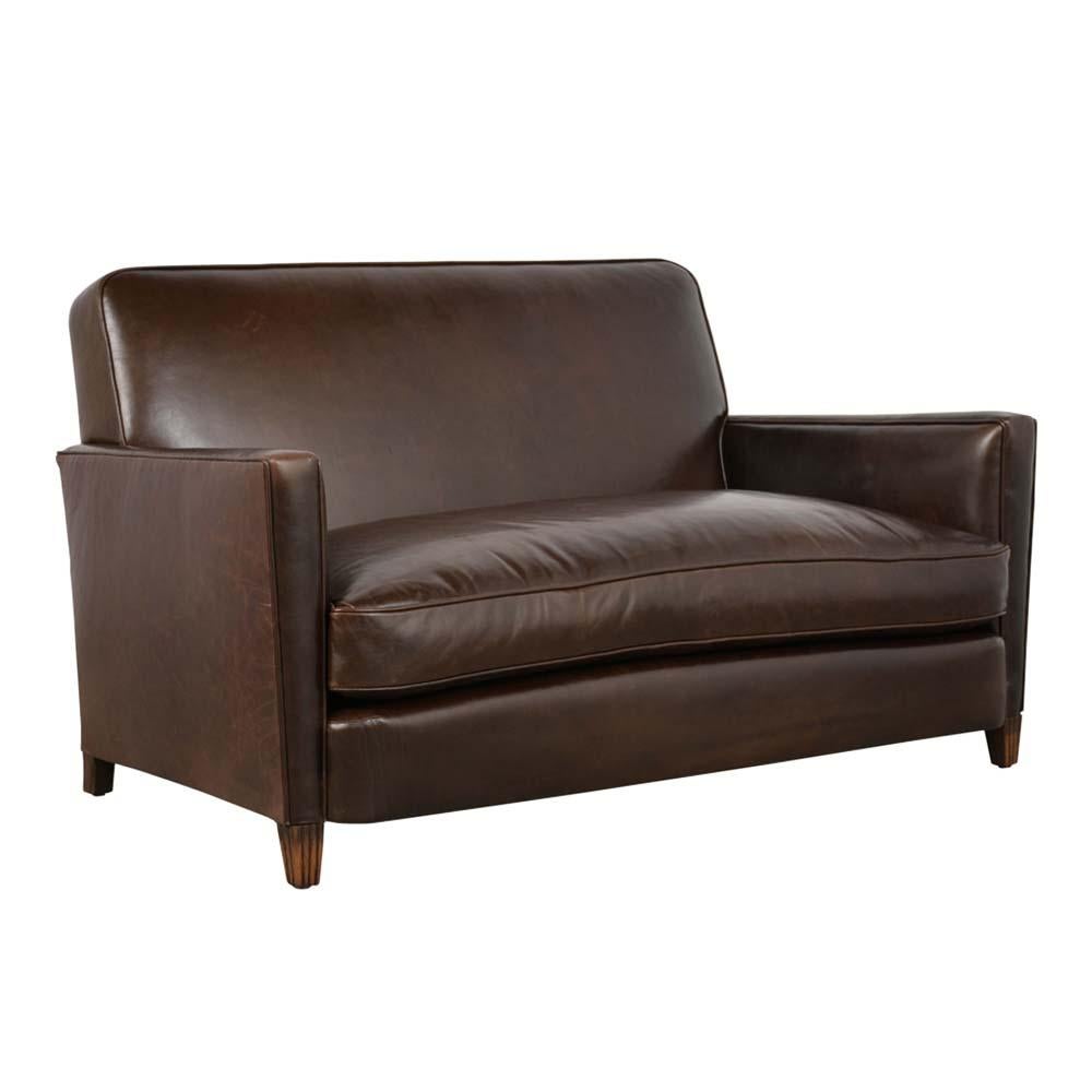 This Elegant 1930's Art Deco Loveseat has been completely restored and professionally reupholstered in a dark chocolate brown leather. The sofa features a single seat cushion with single piping detail and comes with a down feather insert which makes