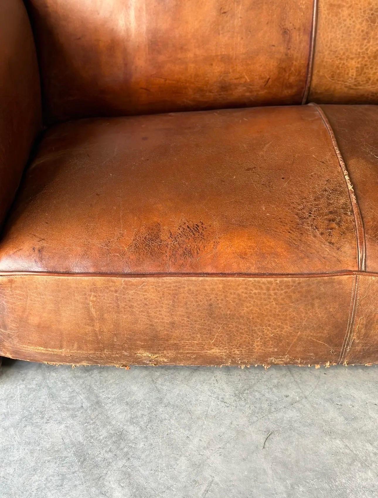 Brass French Art Deco Leather Sofa