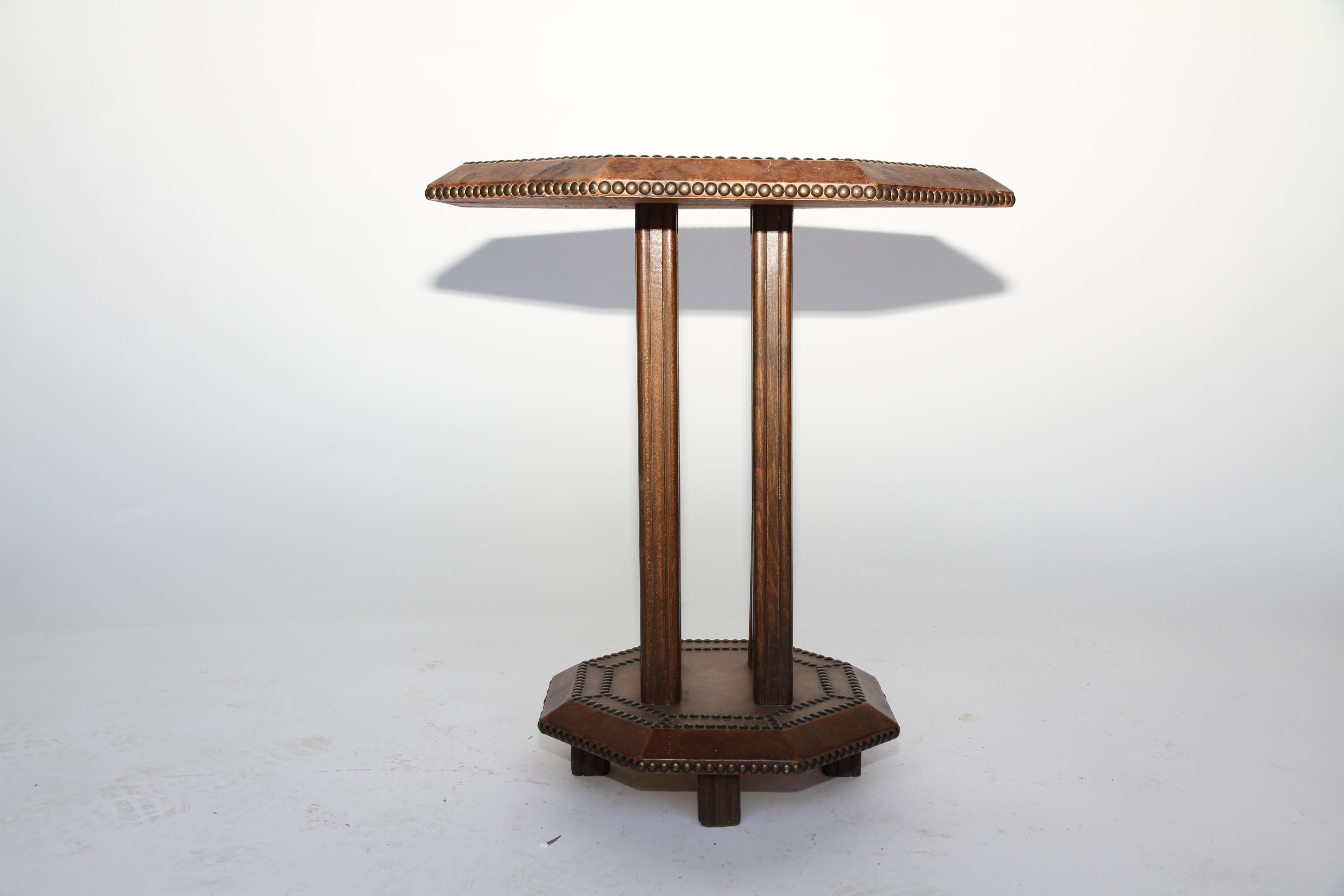French Art Deco Leather Studded Octagonal Side Table In Good Condition In Houston, TX