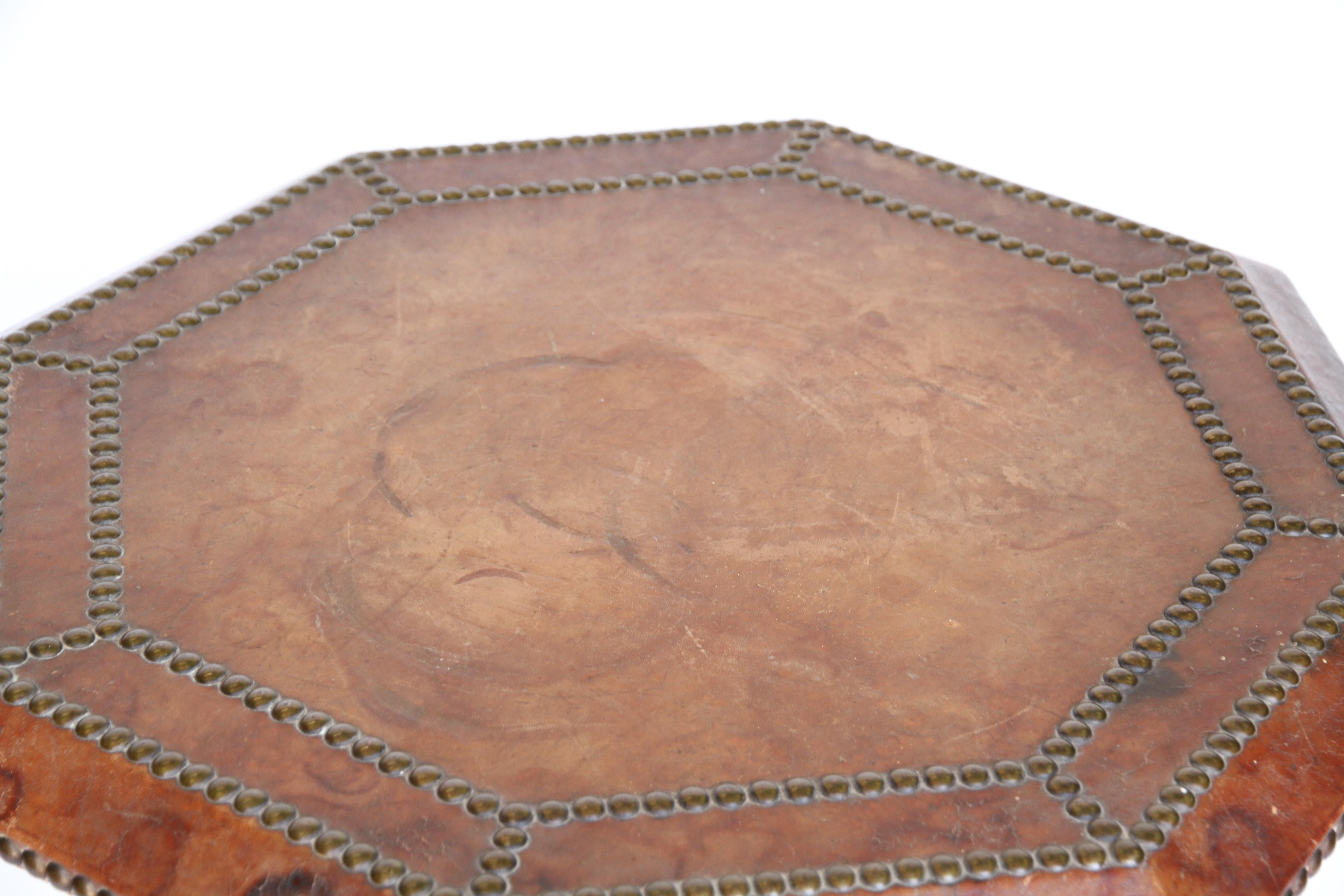 Brass French Art Deco Leather Studded Octagonal Side Table