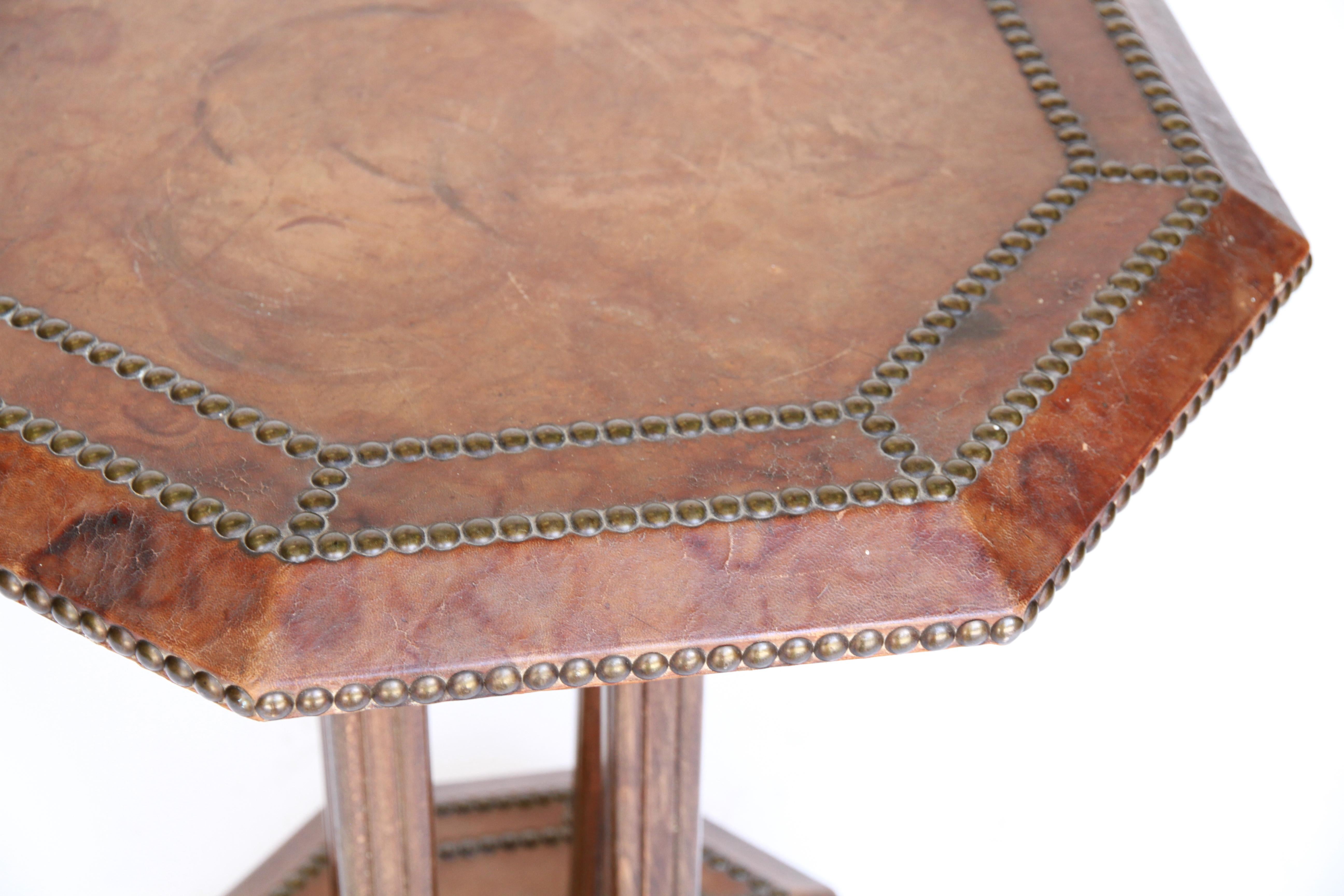 French Art Deco Leather Studded Octagonal Side Table 1