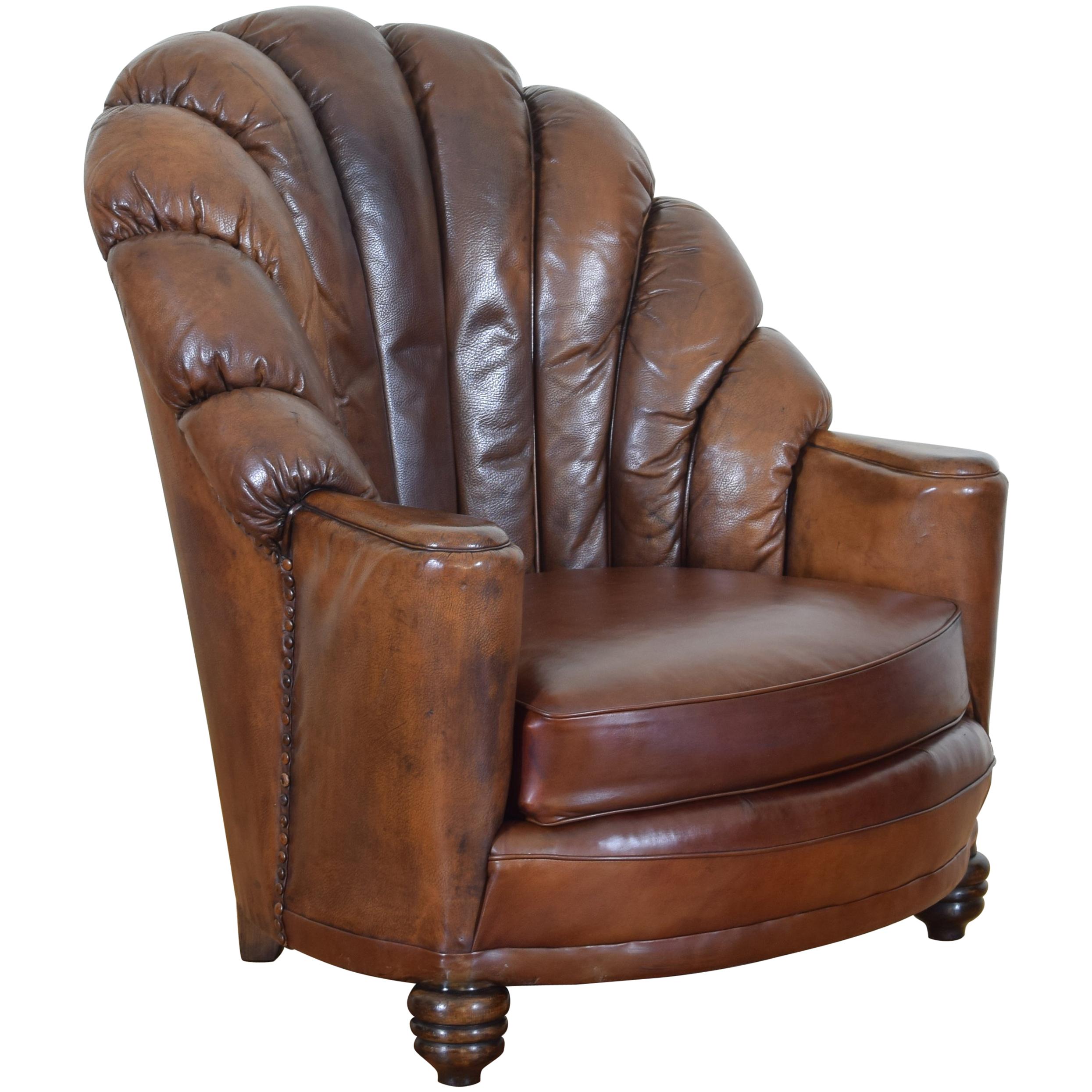 French Art Deco Leather Upholstered Club Chair, Second Quarter of 20th Century