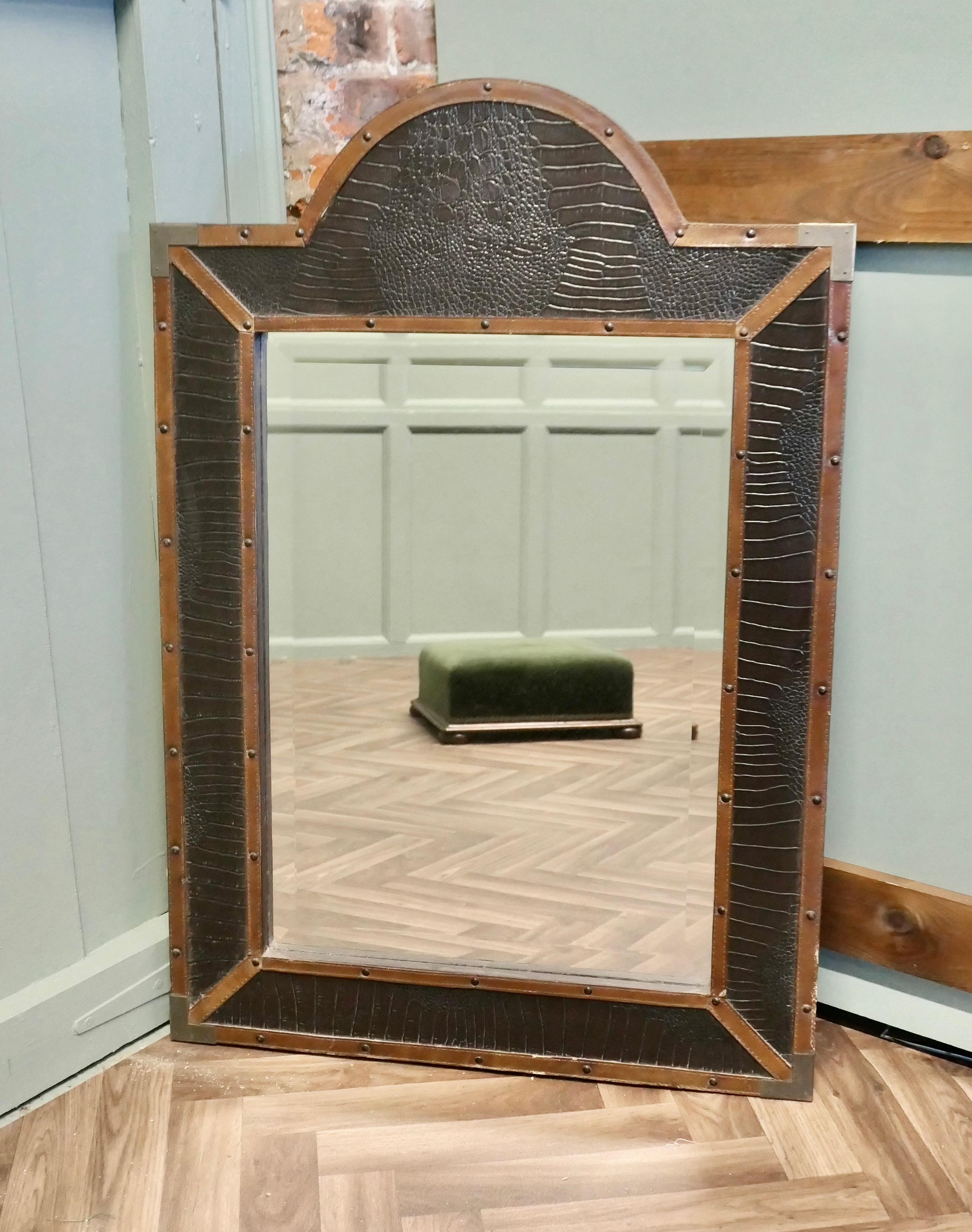 Arts and Crafts French Art Deco Leather Wall Mirror  A very unusual piece For Sale