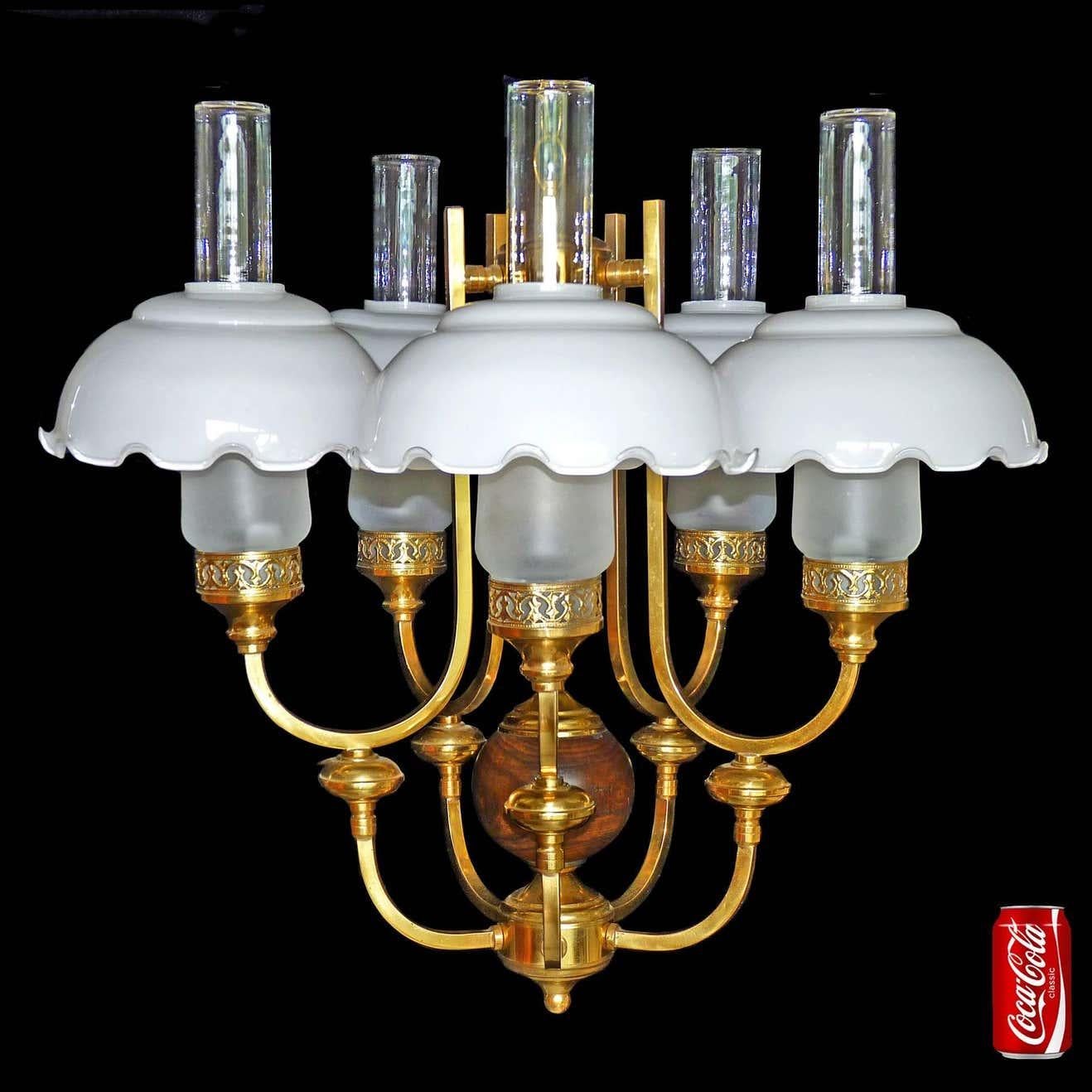 Wood French Art Deco Library Oil Lamp Chandelier Gilt Brass and Opaline Glass Shades For Sale