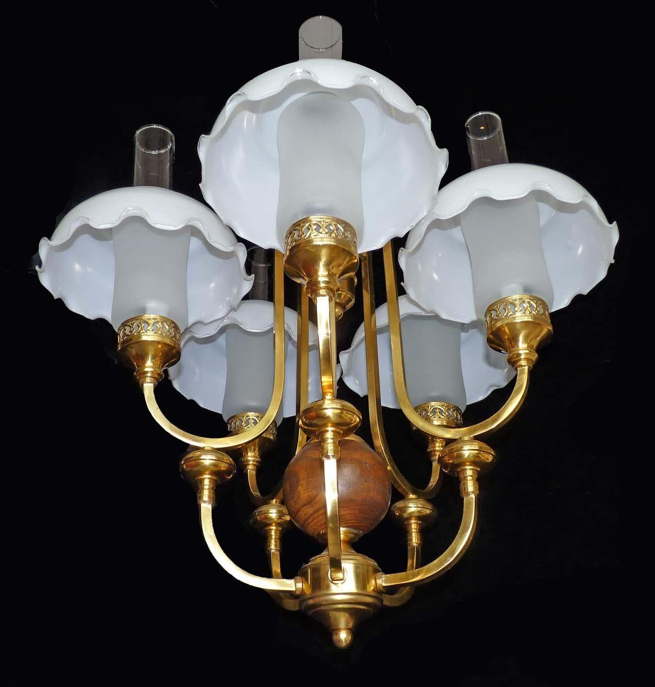 French Art Deco Library Oil Lamp Chandelier Gilt Brass and Opaline Glass Shades For Sale 1